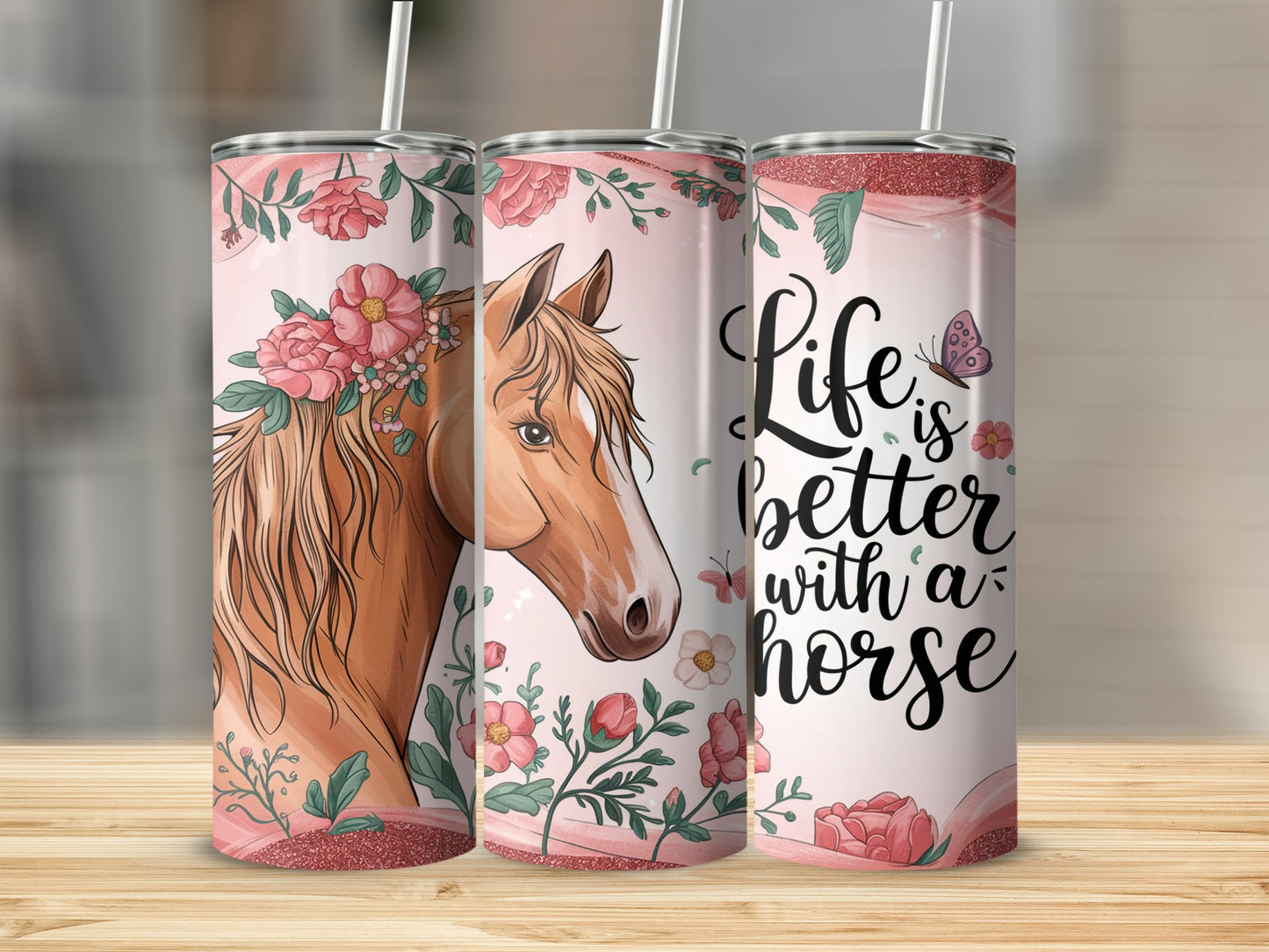 Floral tumbler featuring a horse and "Life is better with a horse" text.