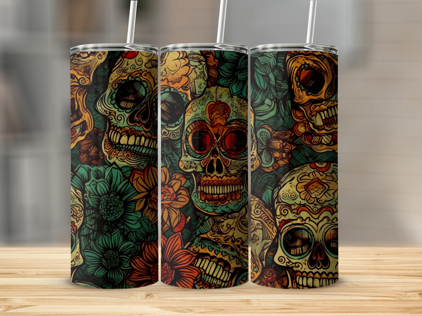 Vivid Sugar Skull Artwork Skinny Tumbler Product