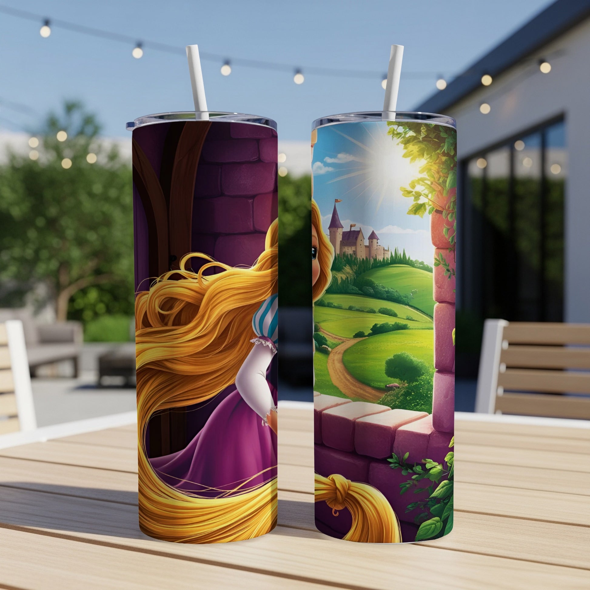 Tangled characters Rapunzel and tower on two white tumblers.