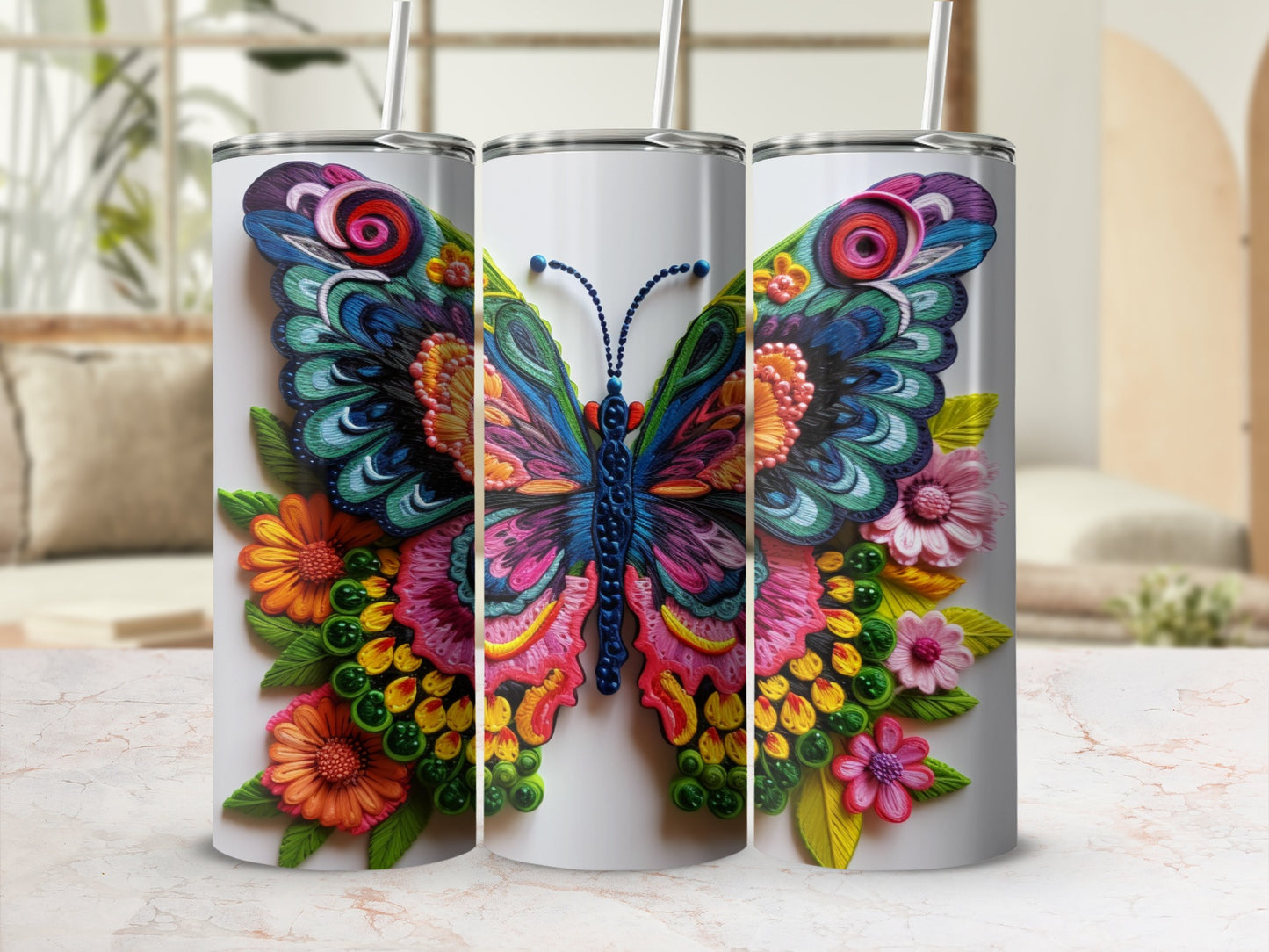 White tumblers featuring a colorful, textured butterfly and floral design.