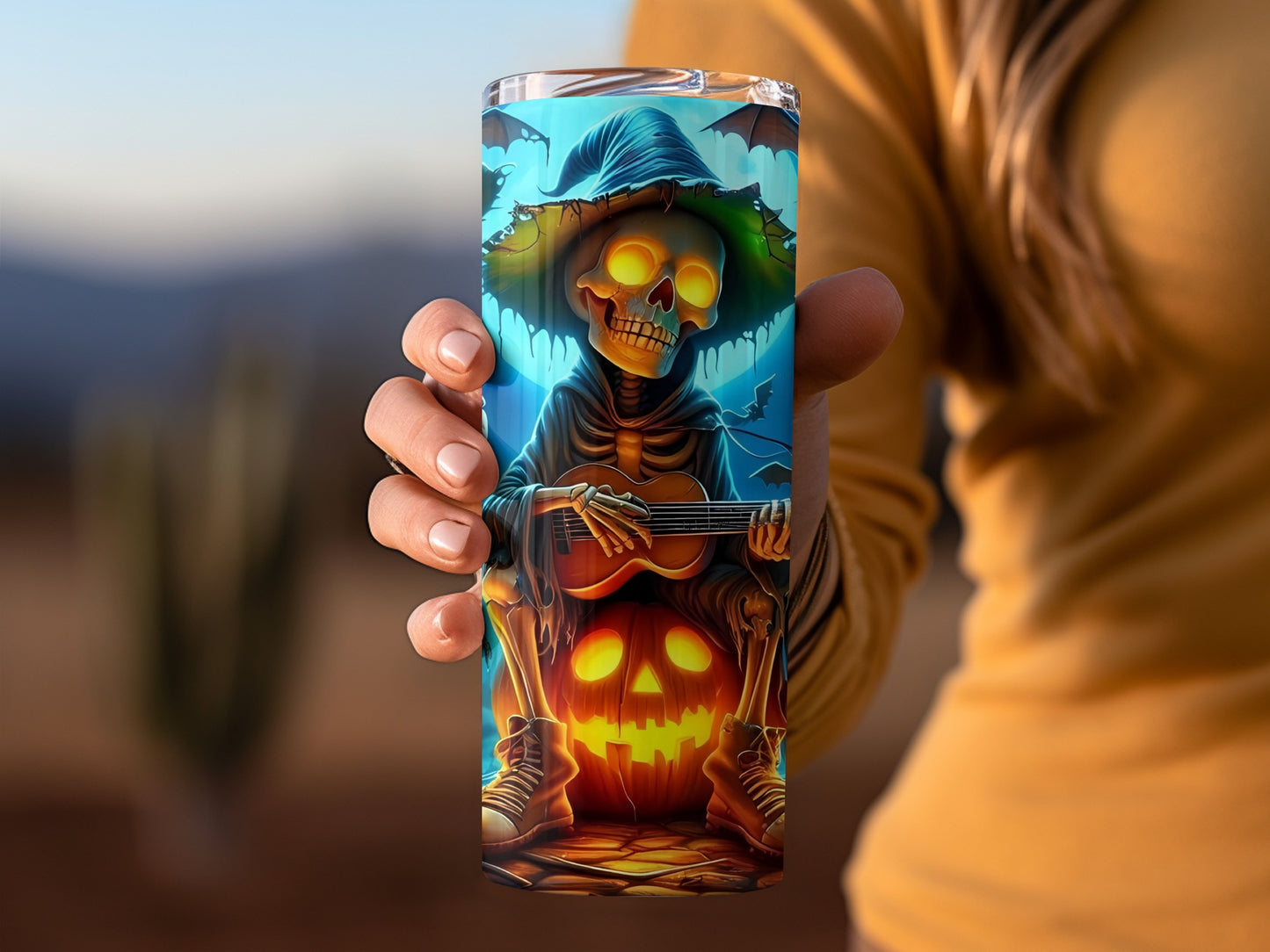 Spooky Skeleton Playing Guitar Halloween Tumbler