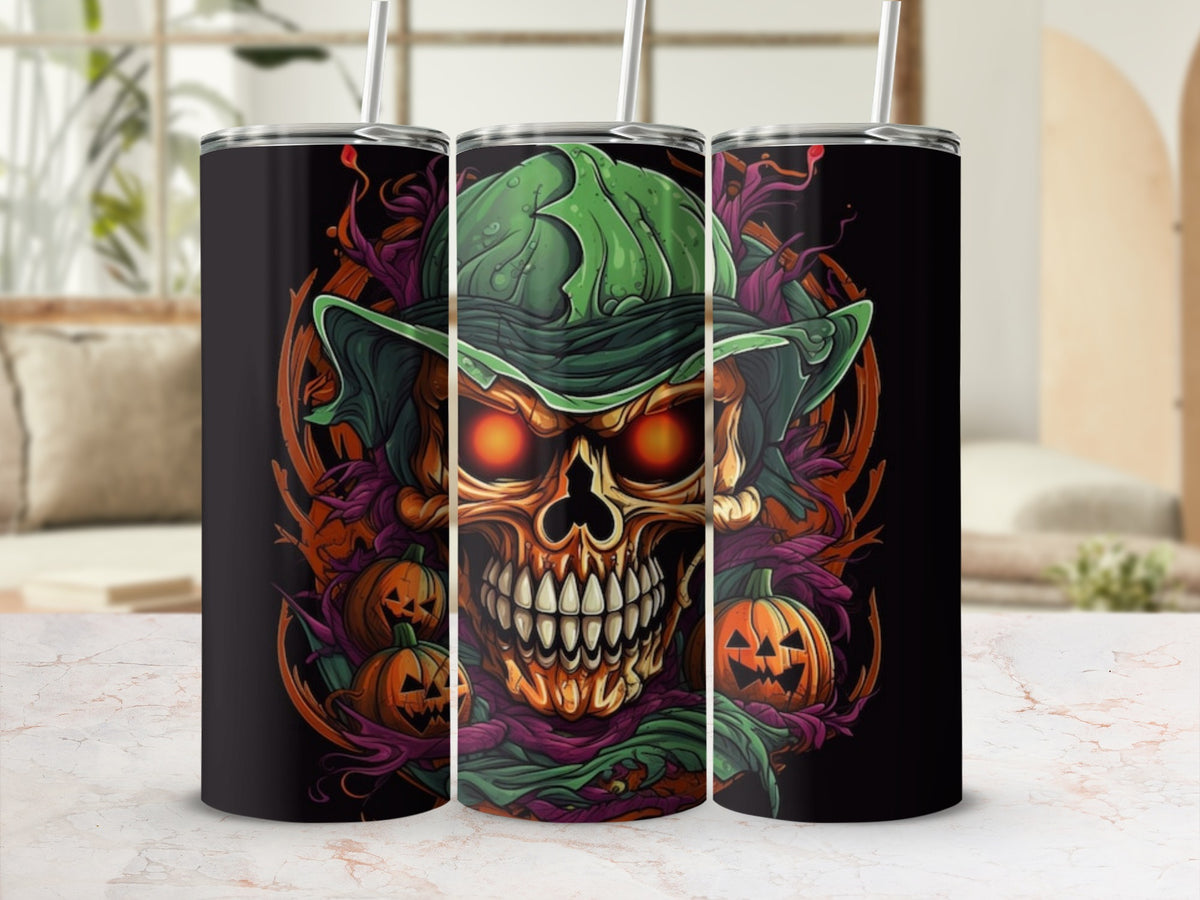Three tumblers with a Halloween-themed skull, pumpkins, and vines design.