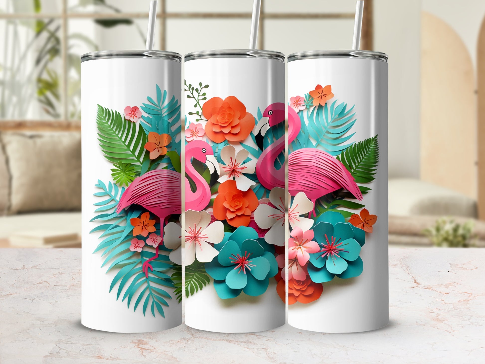 Vibrant Flamingo and Tropical Flower Design Tumbler