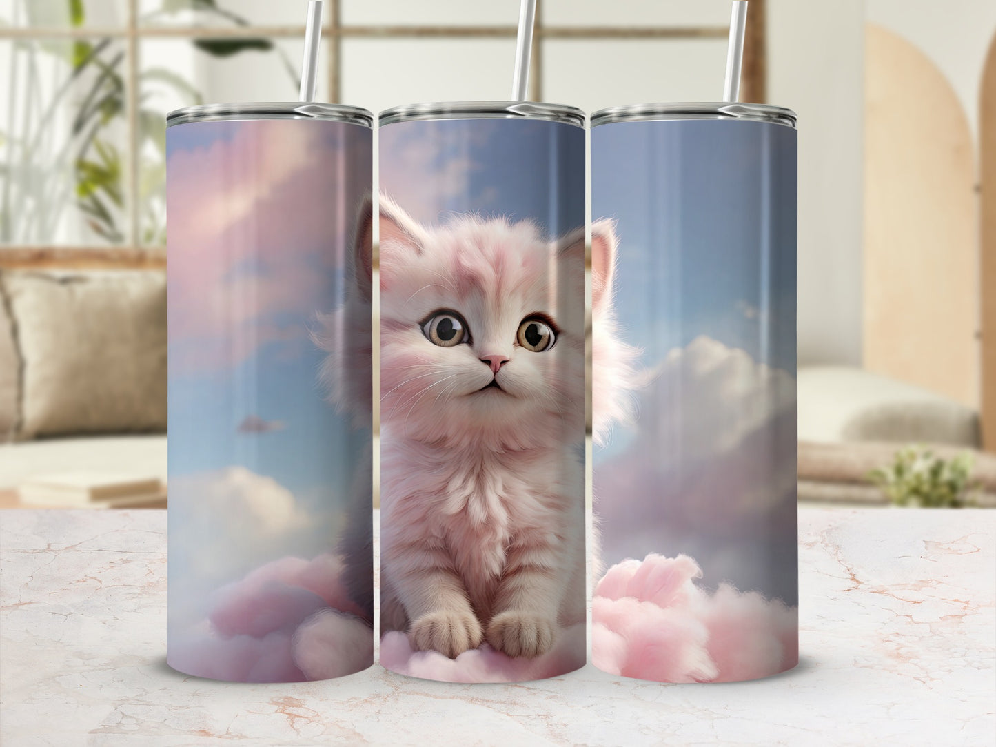 Fluffy white kitten sits on pink clouds against a blue sky background.
