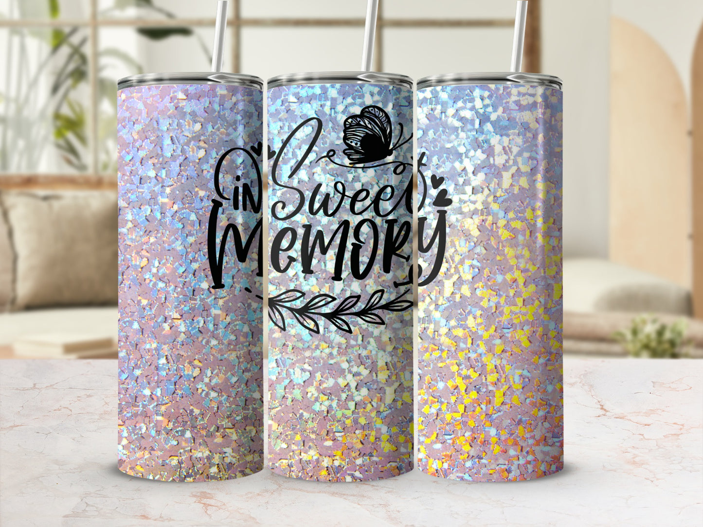 Glittery tumbler with "In Sweet Memory" text and butterfly graphic.