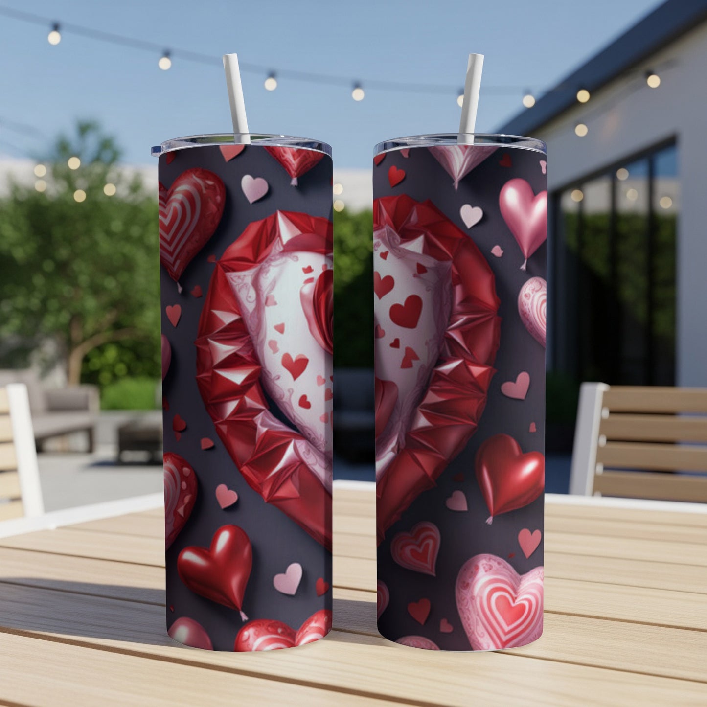 Two tumblers with a dark background featuring red and pink hearts and lips.