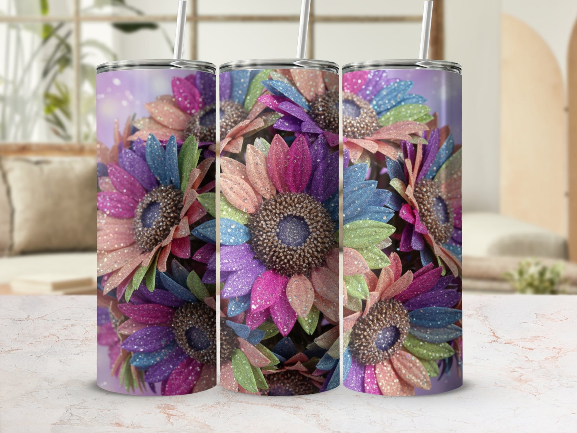 Colorful Glitter Sunflower Tumbler Cup with Straw