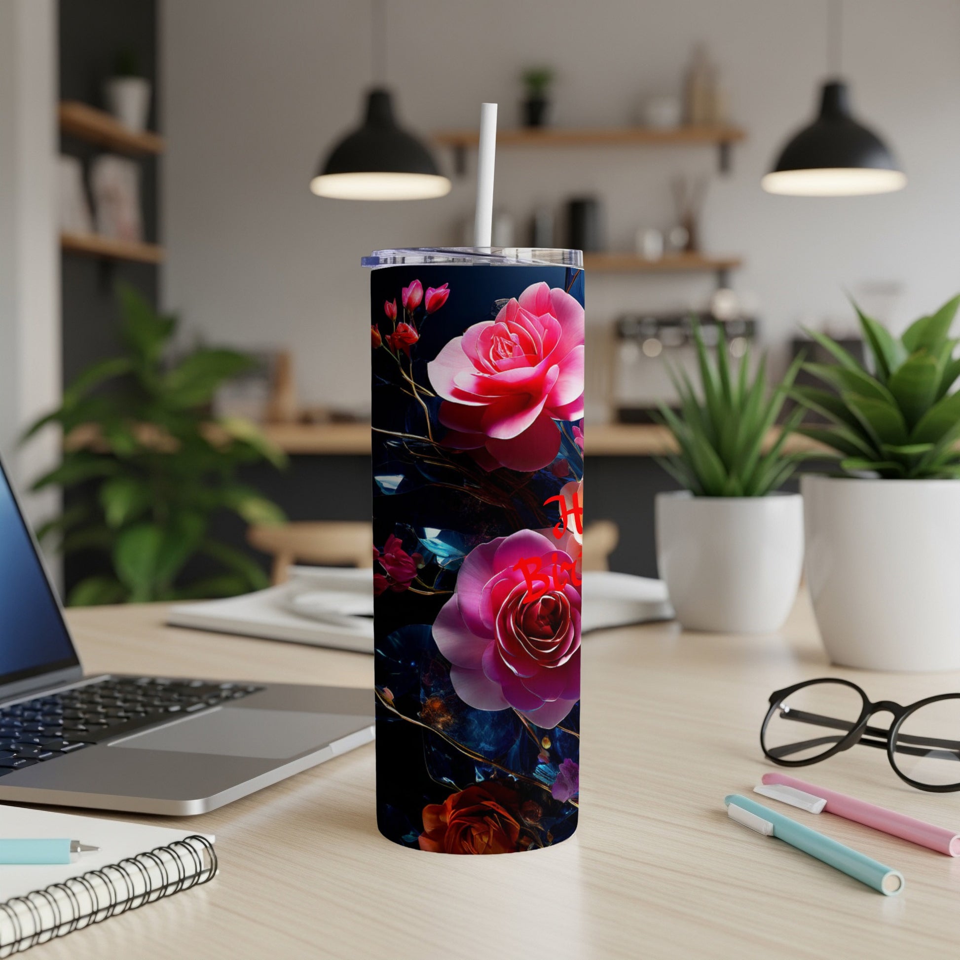 Tumbler with vibrant pink roses and dark floral accents.