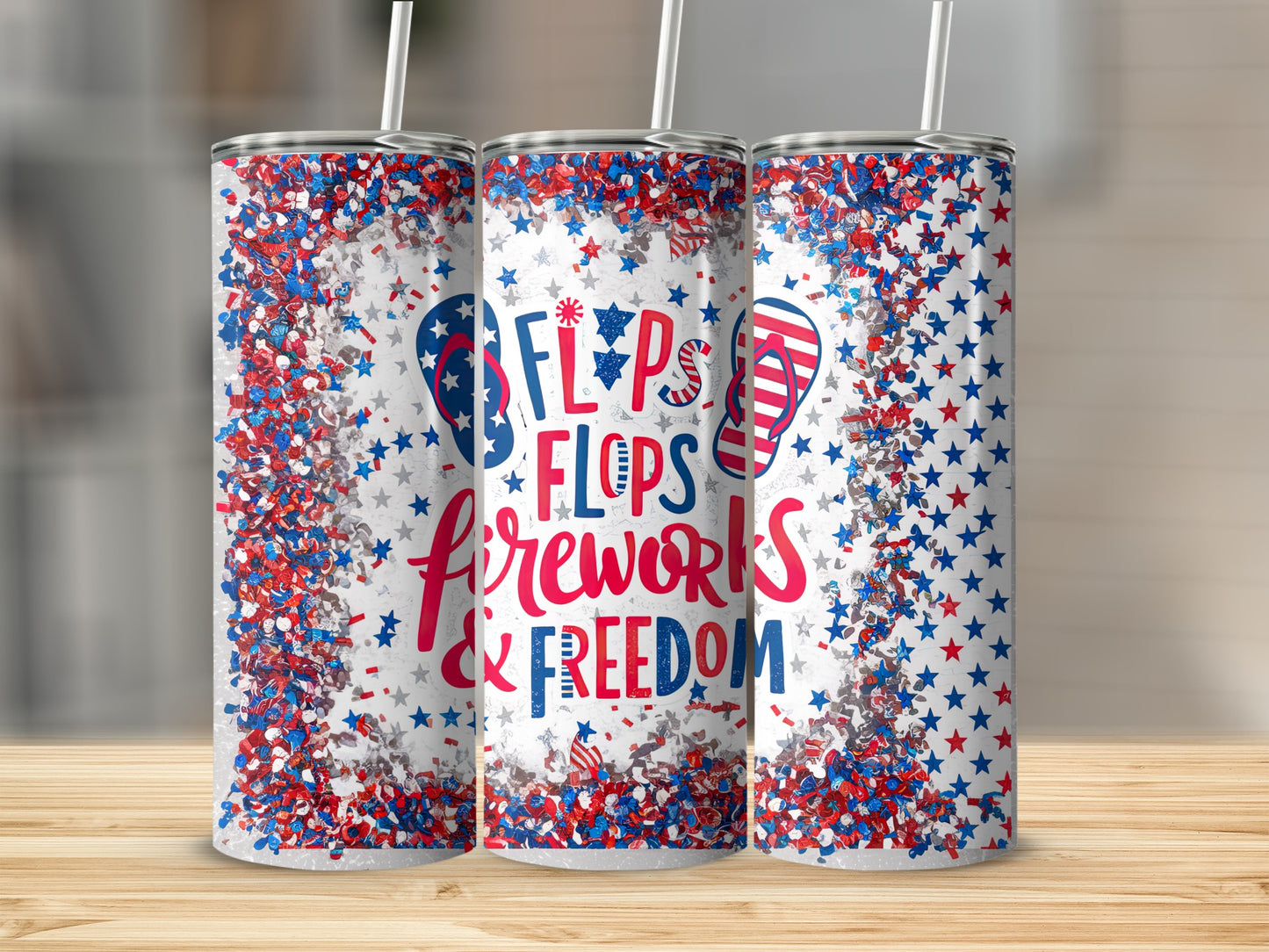 Tumbler with "Flops, Fireworks & Freedom" text and red, white, blue glitter.