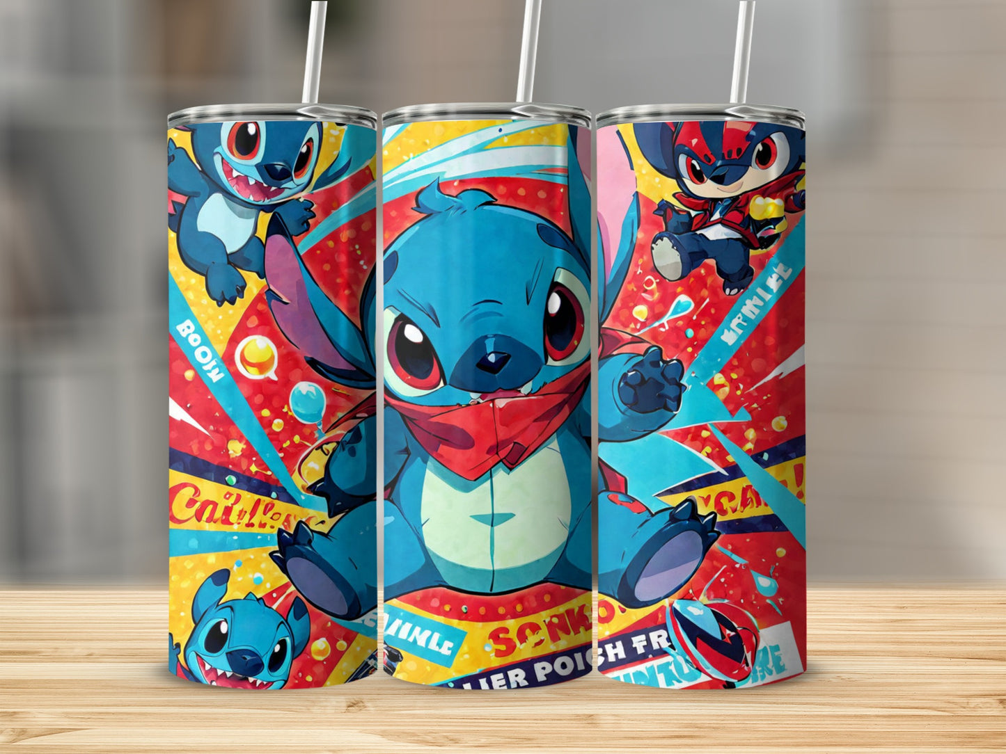 Three Stitch tumblers with colorful backgrounds featuring Stitch characters.