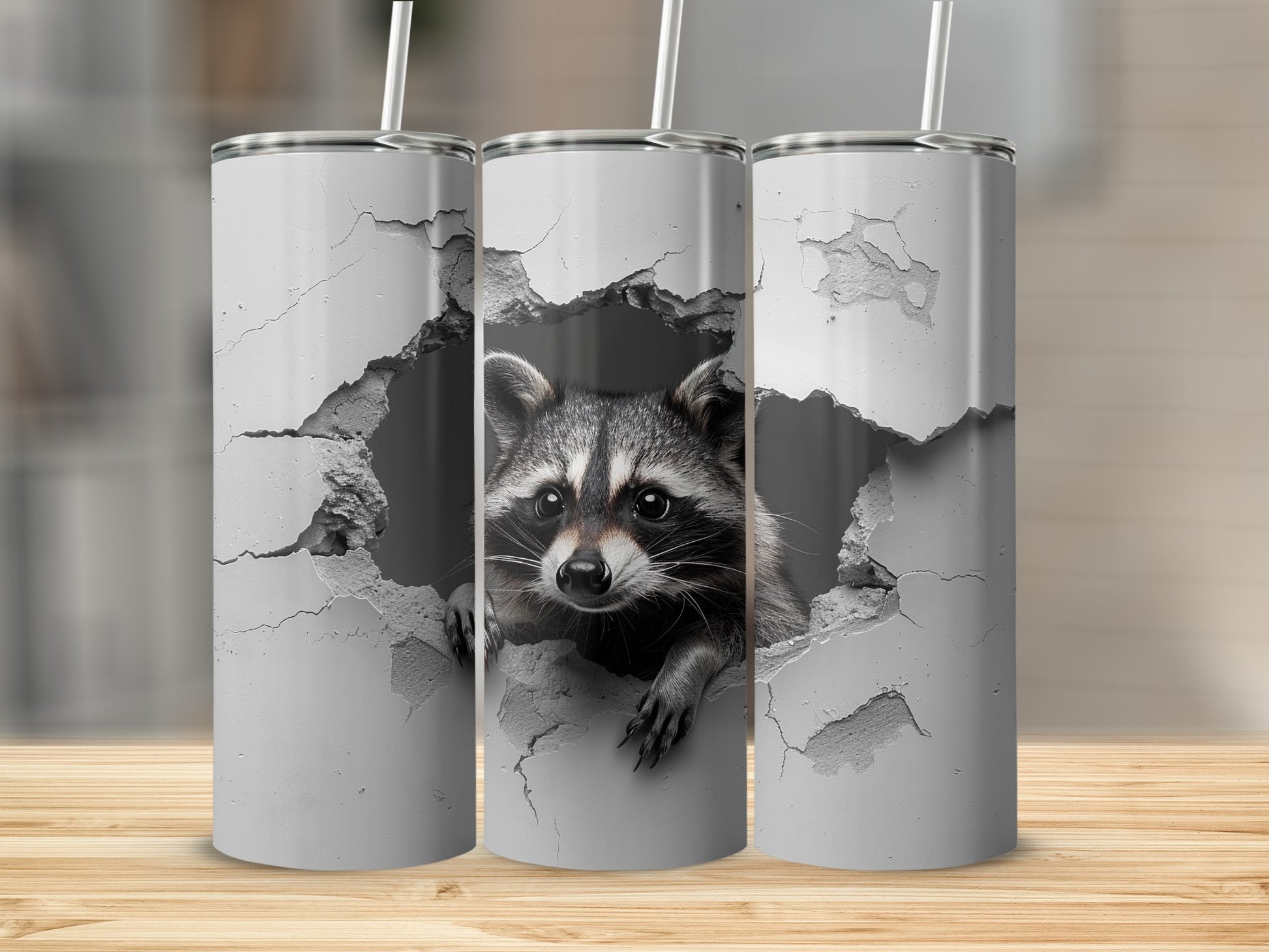 Raccoon peeking broken wall design drinkware product type