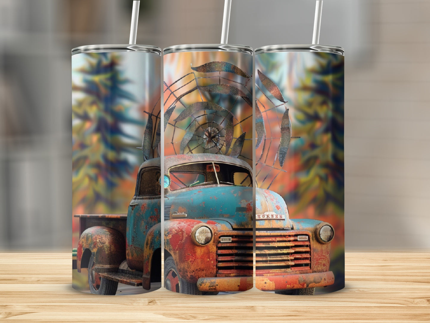 Triptych of a rusty vintage truck with metal decoration against blurred foliage.