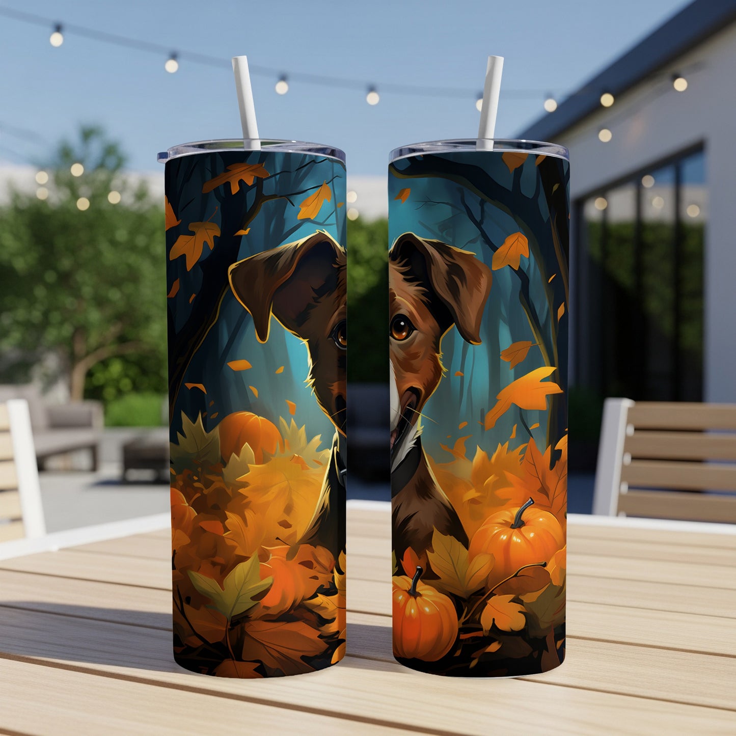 Tumblers with a brown dog, pumpkins, and fall leaves design.
