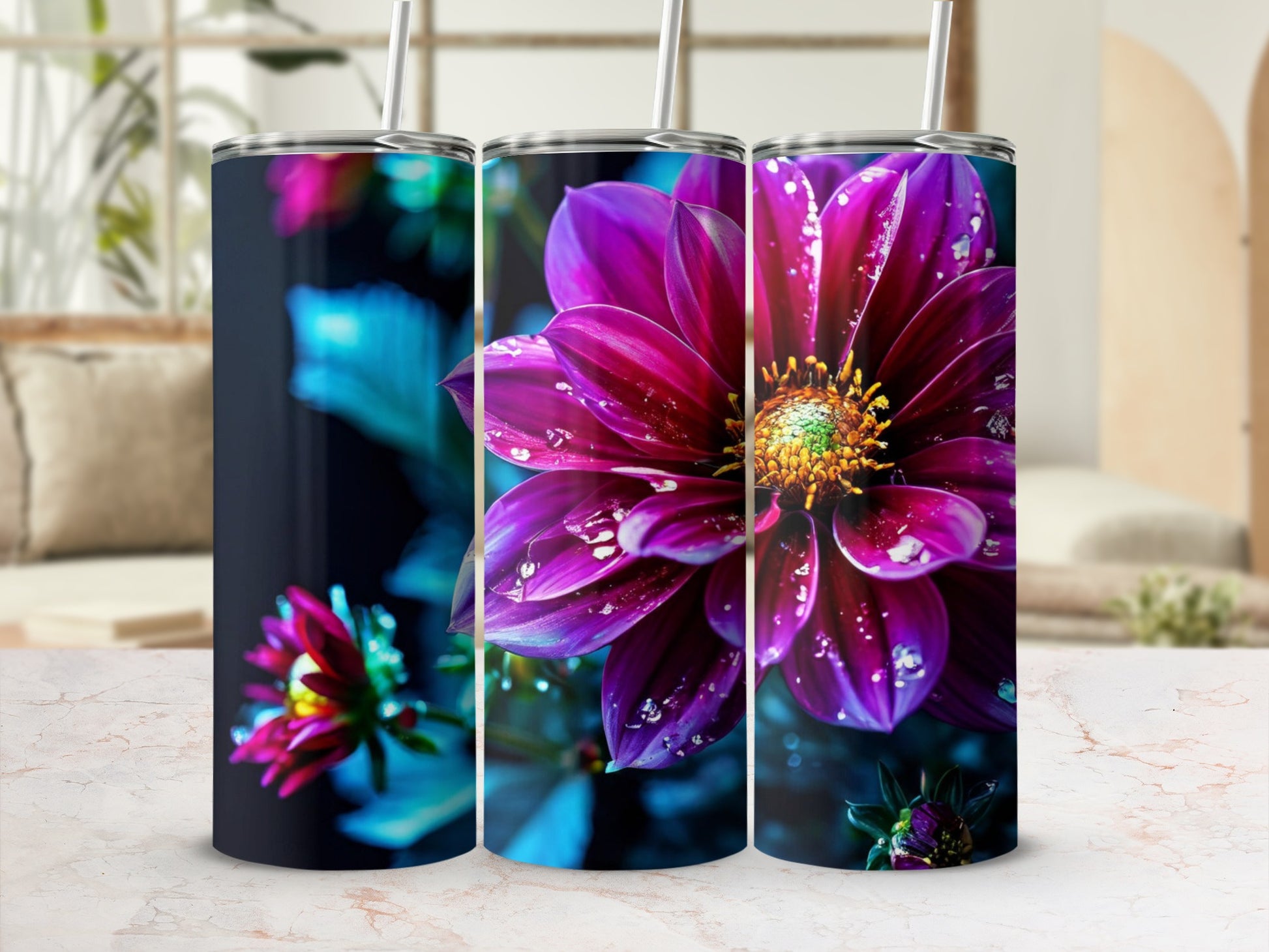 Three tumblers featuring a close-up of a purple dahlia flower with water droplets.