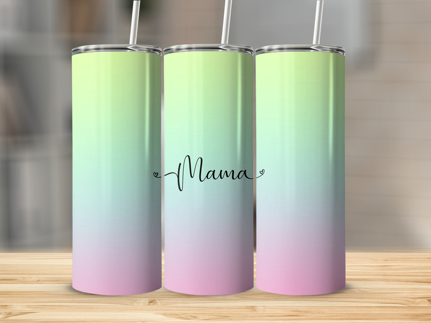 Three tumblers with a pastel gradient and "Mama" text.