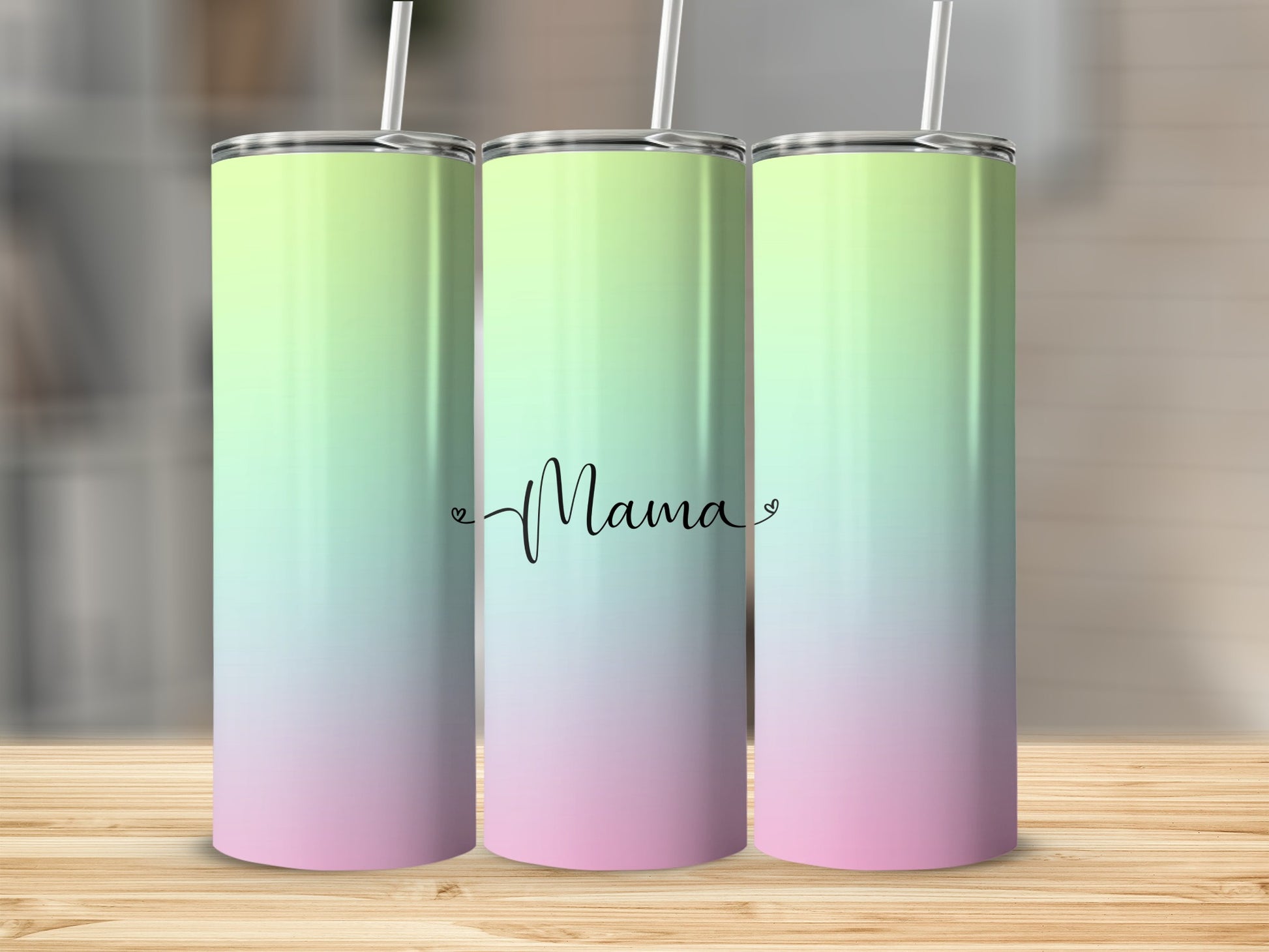 Three tumblers with a pastel gradient and "Mama" text.