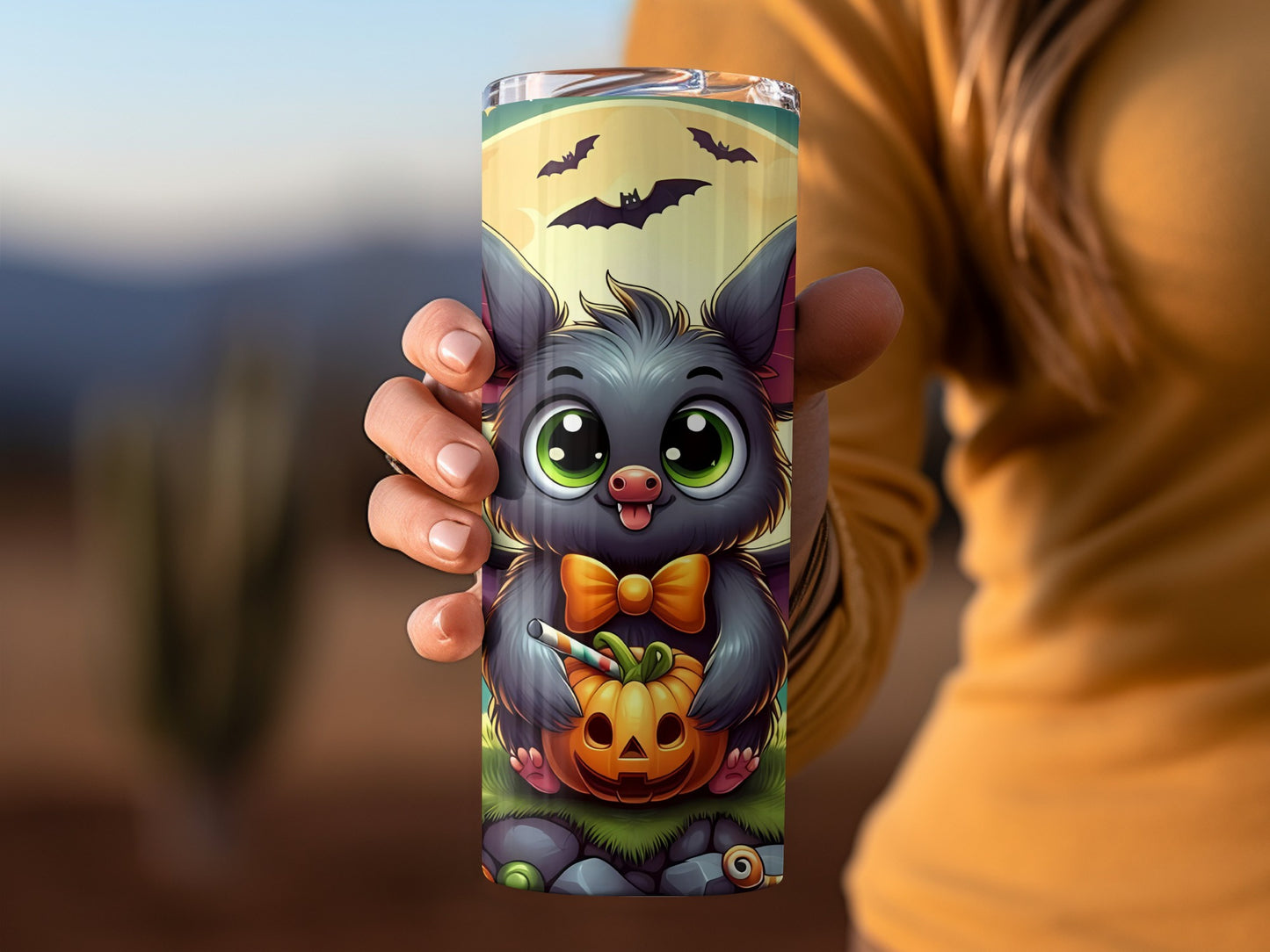 Adorable Halloween Bat with Pumpkin Travel Tumbler
