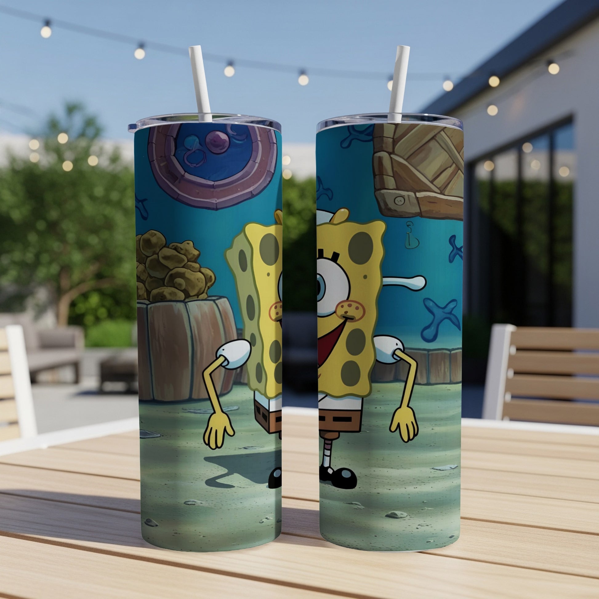 SpongeBob SquarePants characters on two tumblers with straws, outdoor background.