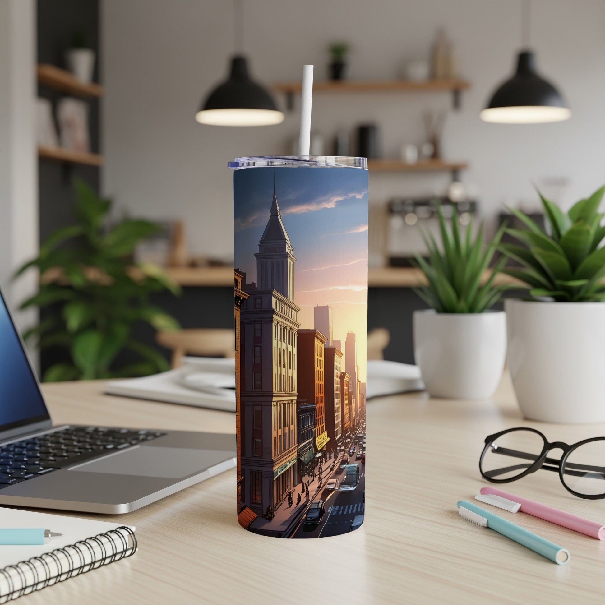 City skyline with buildings and setting sun on a tumbler.