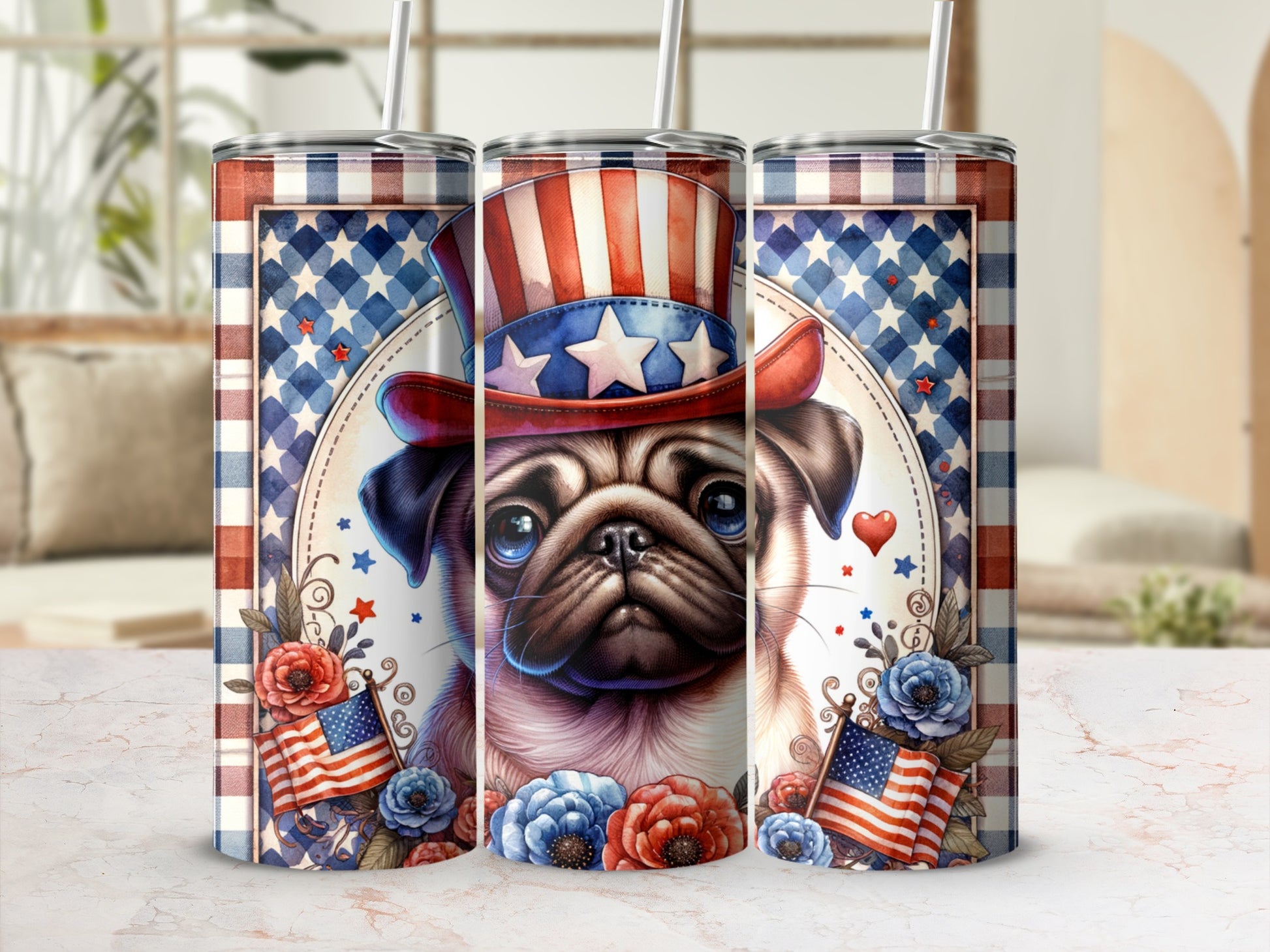 Pug wearing Uncle Sam hat with American flags and floral accents.