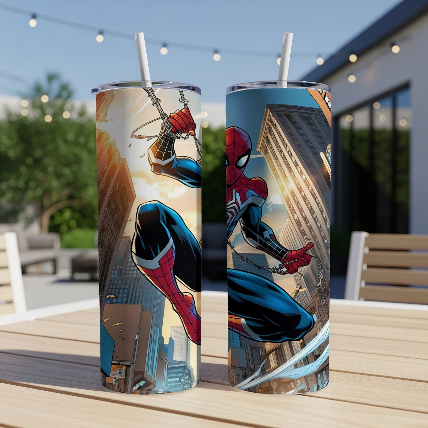Spider-Man swinging between city buildings on a stainless steel tumbler.