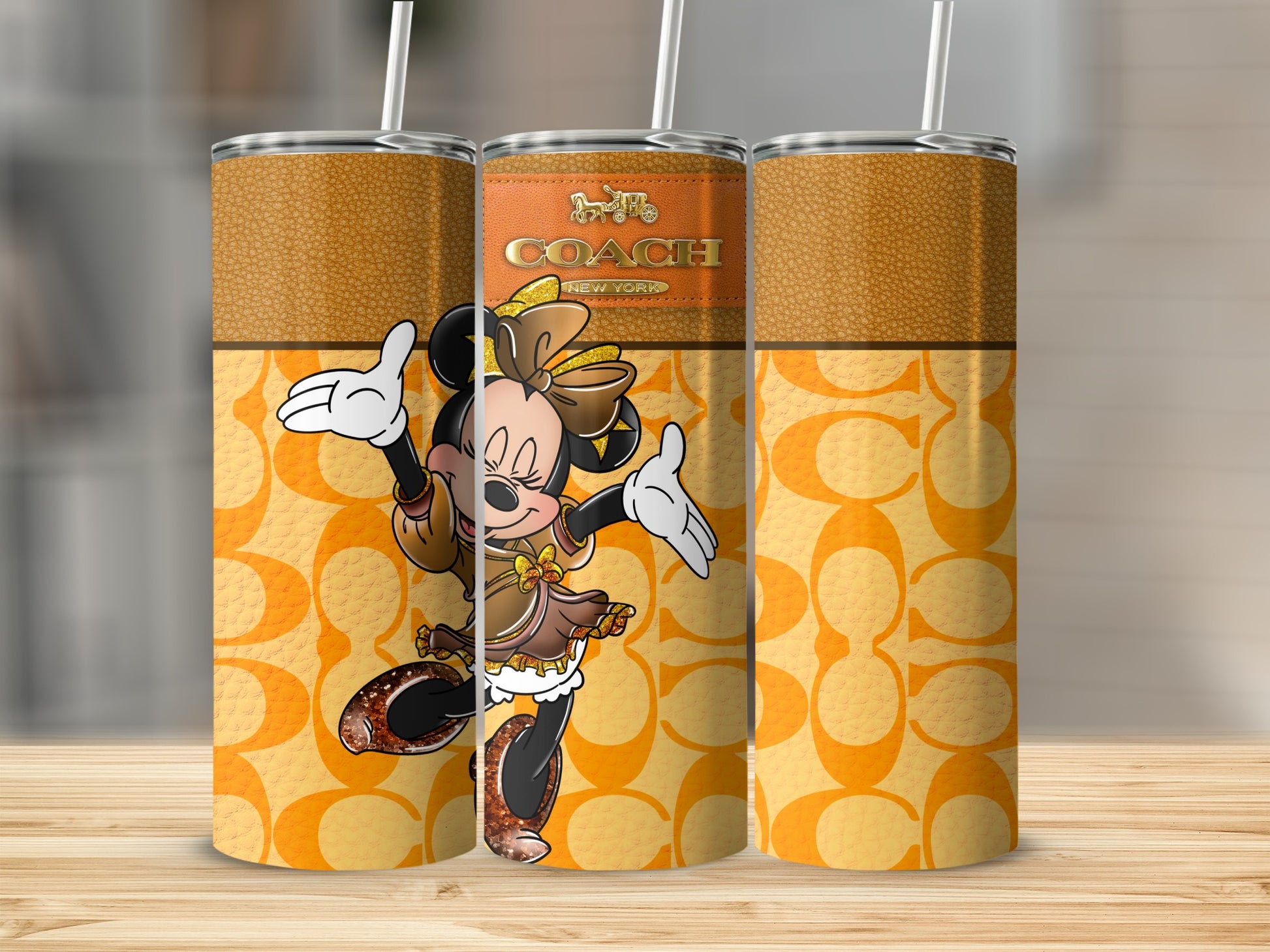 Tumbler featuring Minnie Mouse in a Coach outfit with Coach logo and pattern.