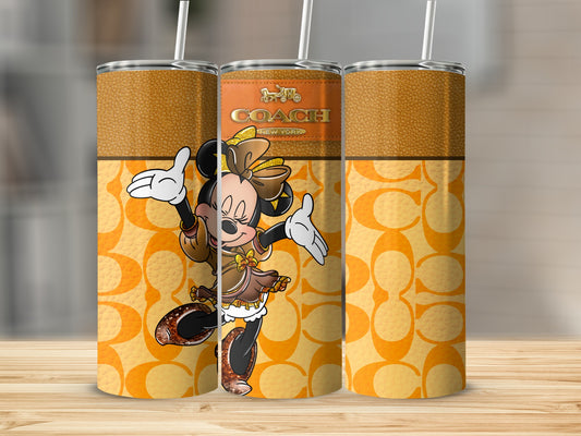 Tumbler featuring Minnie Mouse in a Coach outfit with Coach logo and pattern.