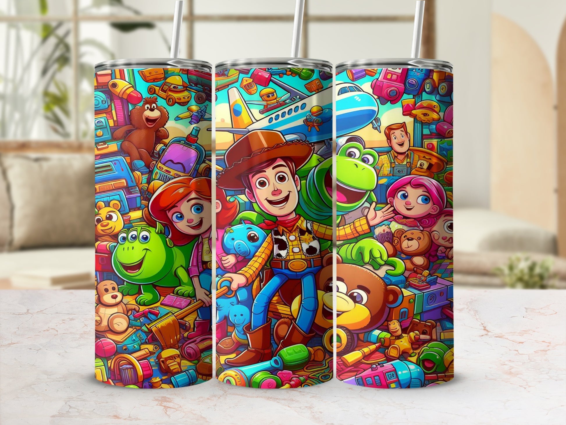 Toy Story characters and toys on a colorful, patterned tumbler.
