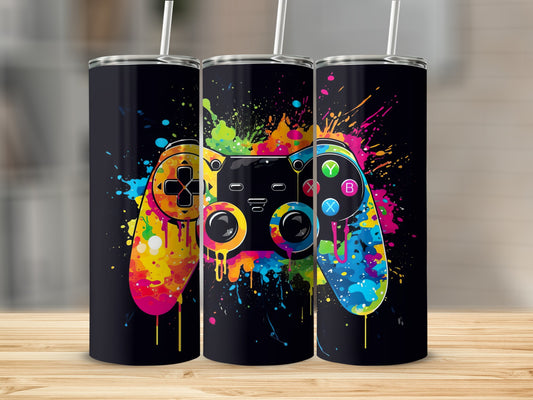 Vibrant Splatter Paint Gaming Controller Design Tumbler