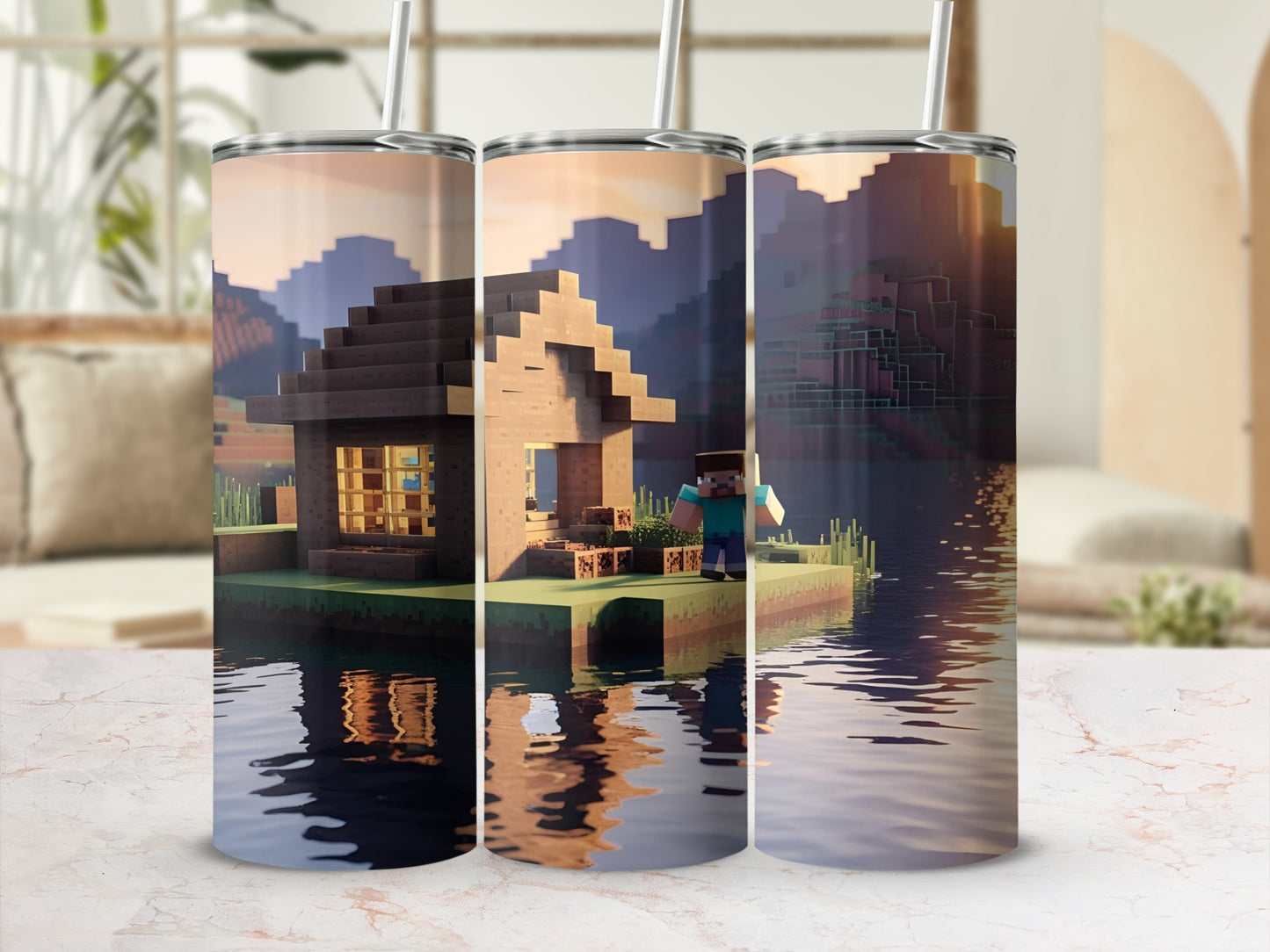 Minecraft-style house on water with a character and reflections.