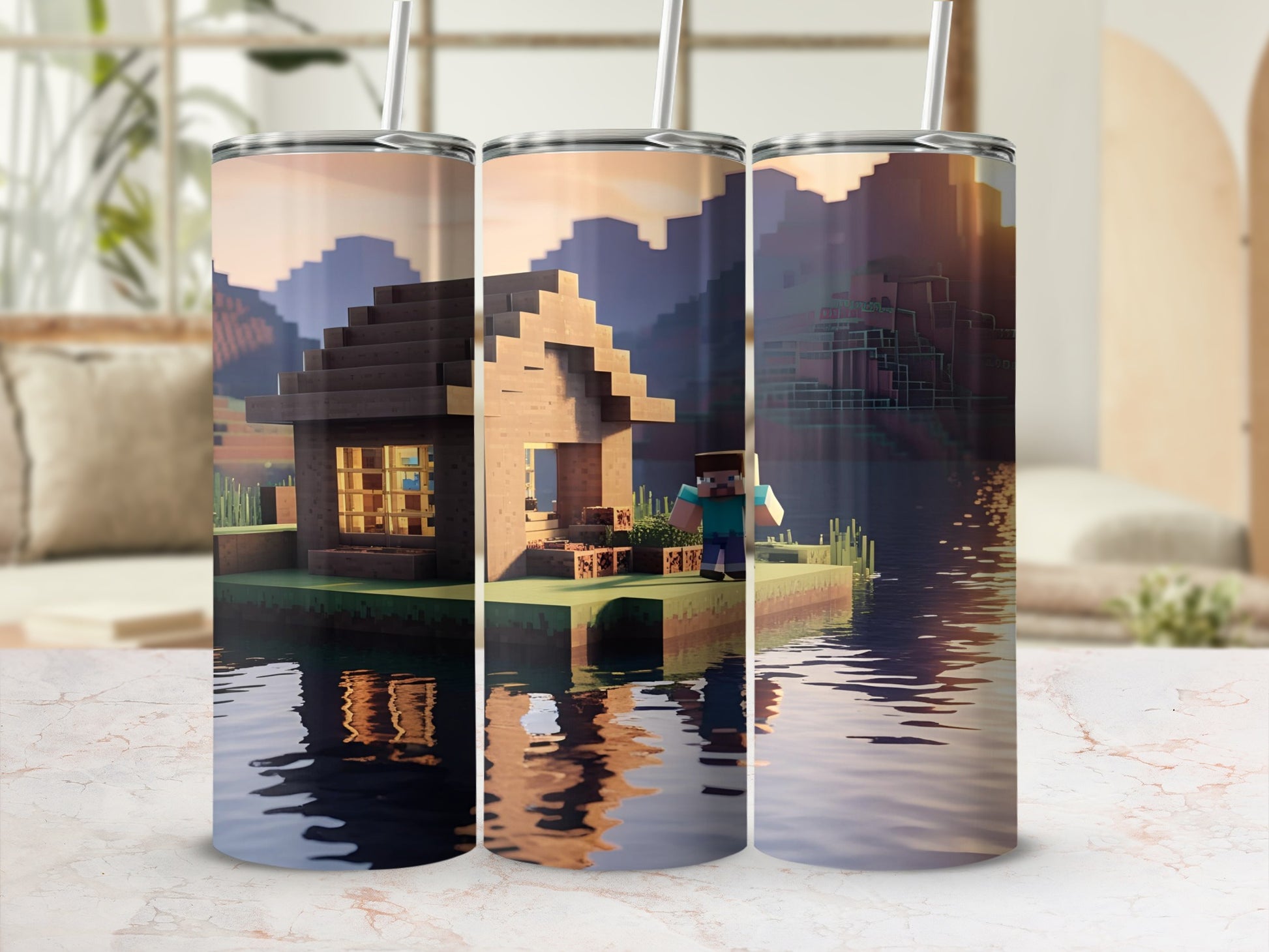 Minecraft-style house on water with a character and reflections.