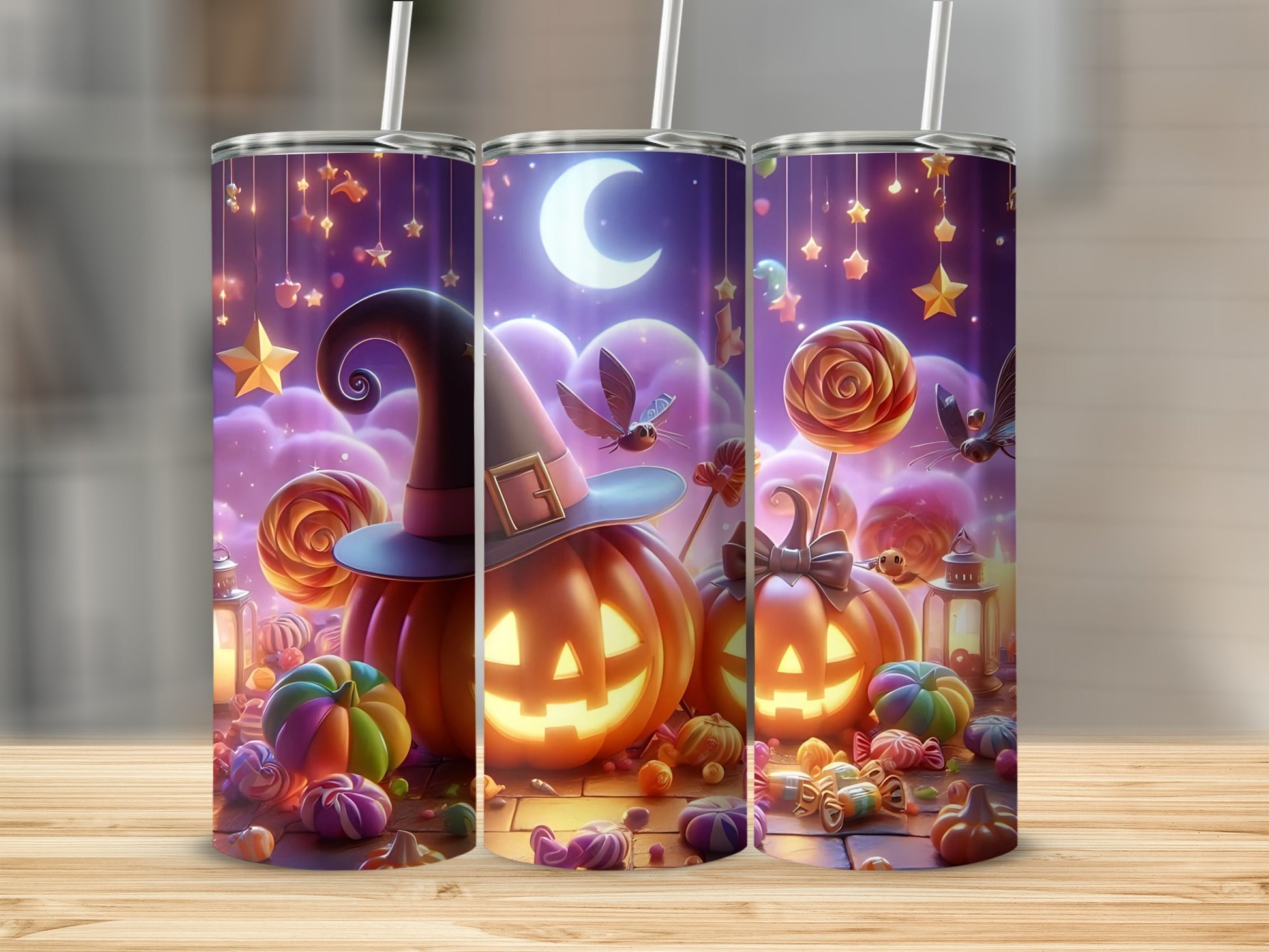 Three tumblers with a Halloween theme, featuring pumpkins, candy, and stars.