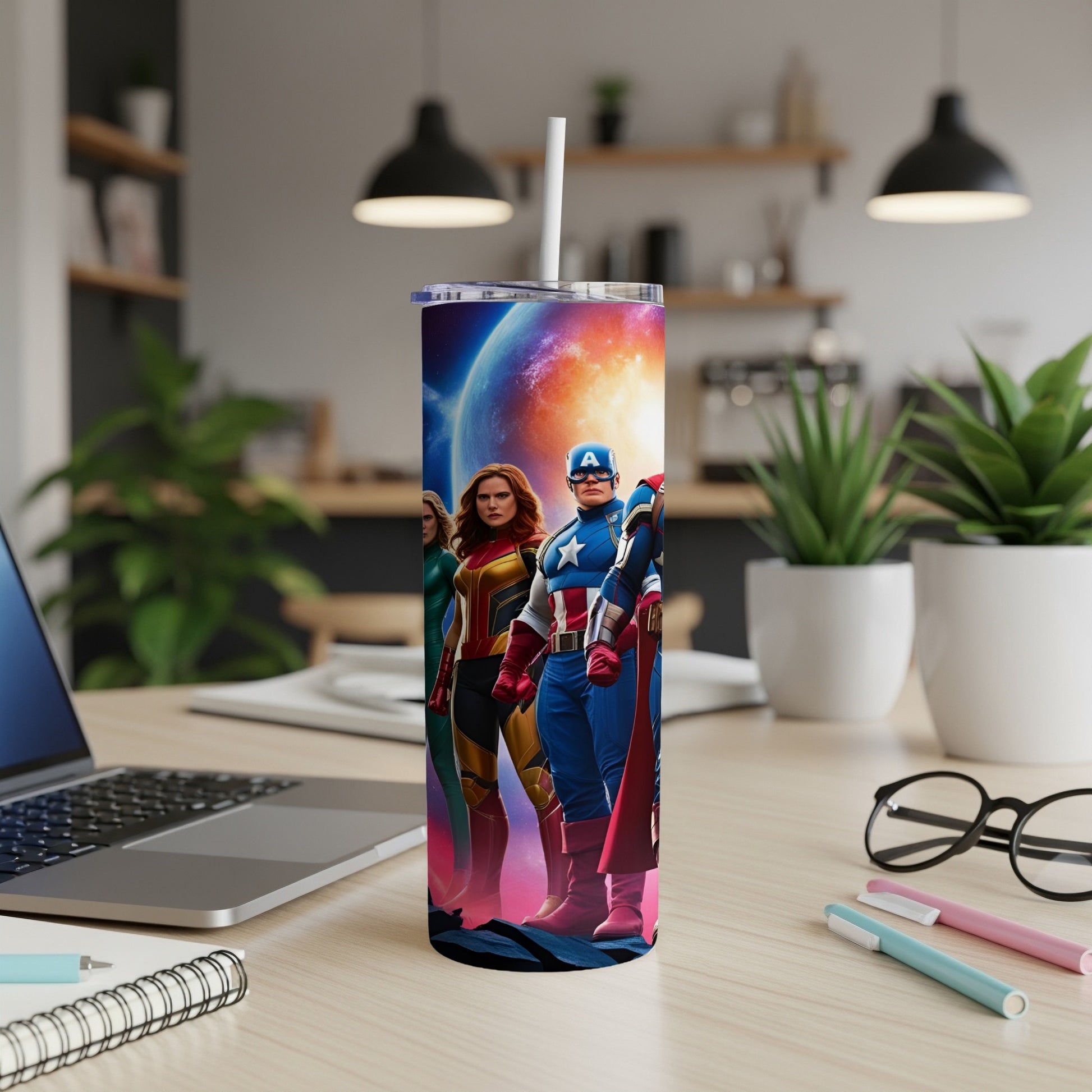 Avengers characters standing with planet in background on a tumbler.
