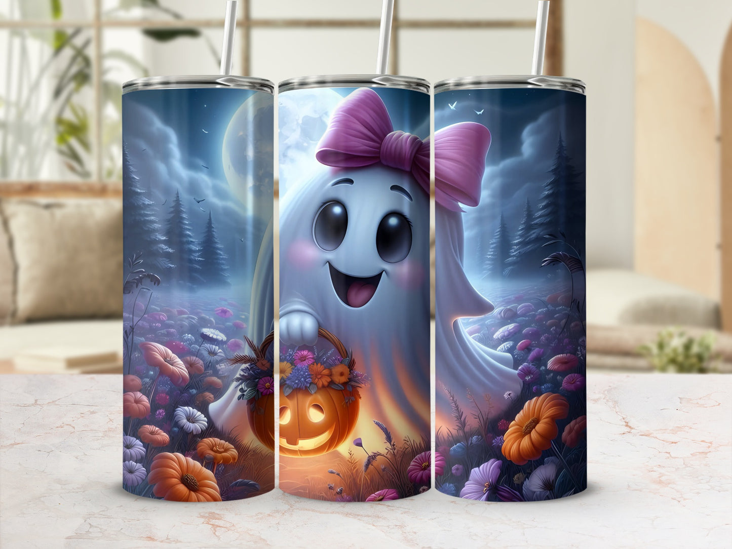 Three tumblers with a cute ghost holding a pumpkin basket amidst a spooky floral landscape.