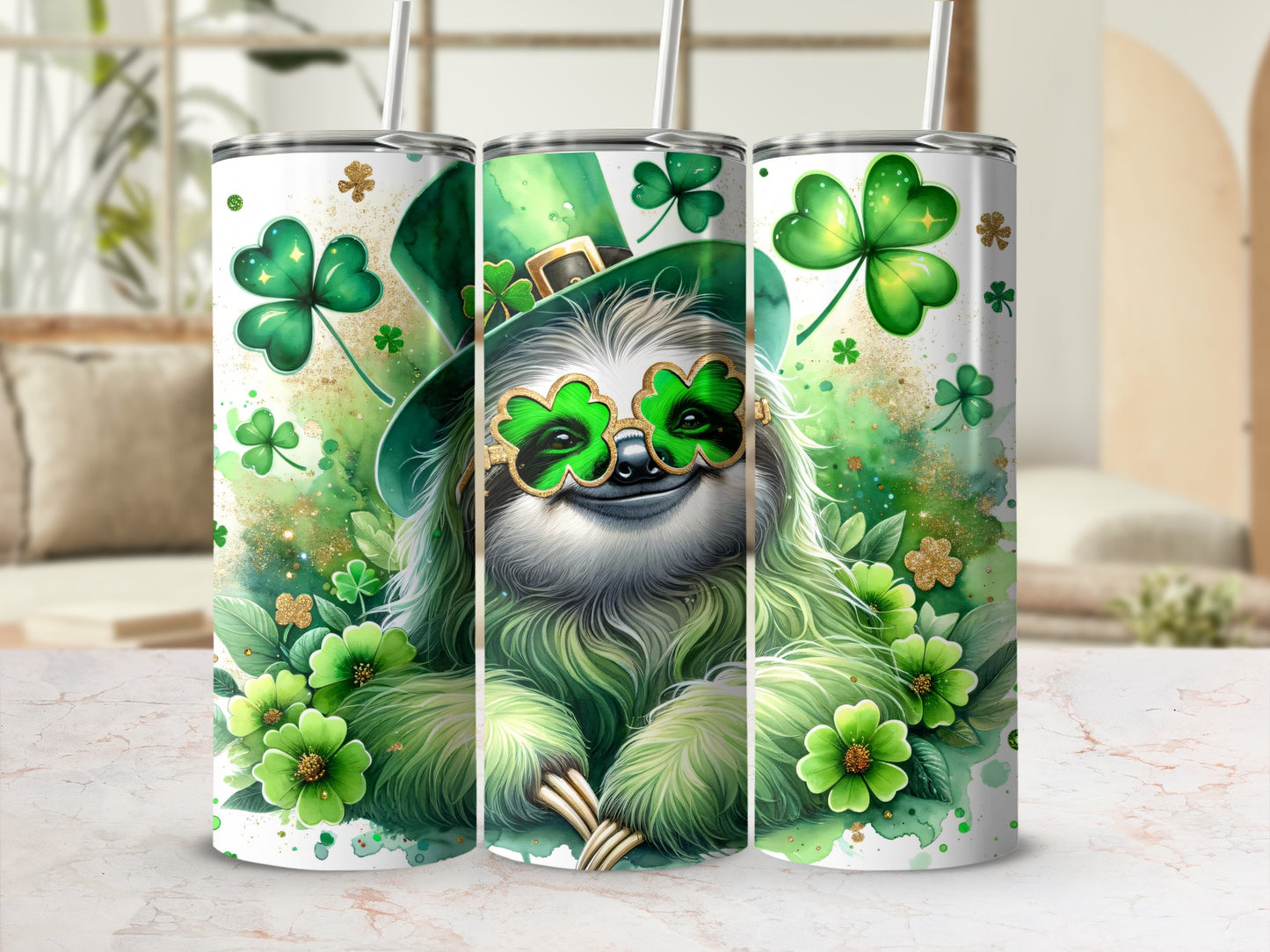Sloth wearing a St. Patrick's Day hat and clover sunglasses, surrounded by shamrocks.