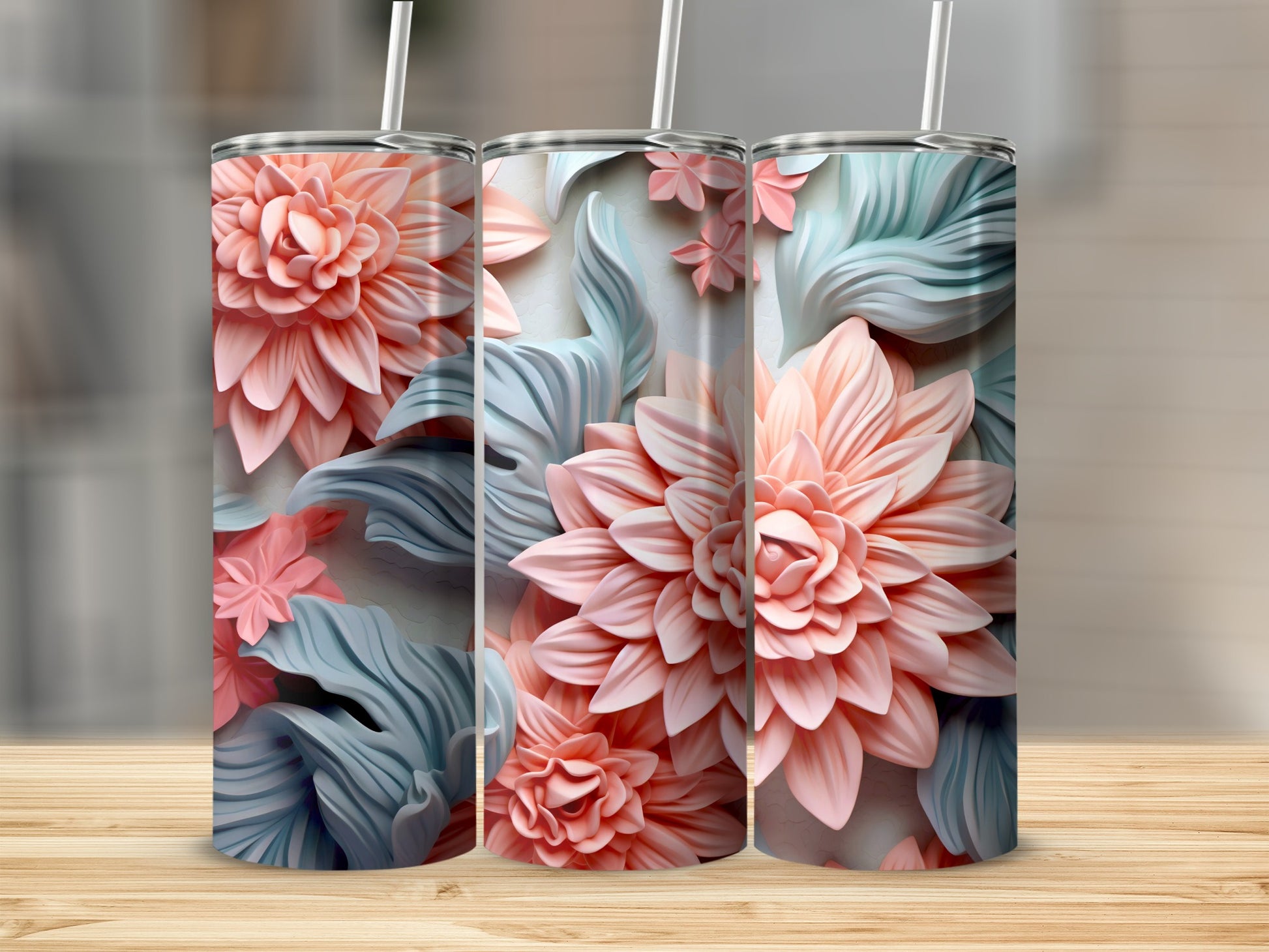 Floral Design Insulated Tumbler With Straw Stainless Steel