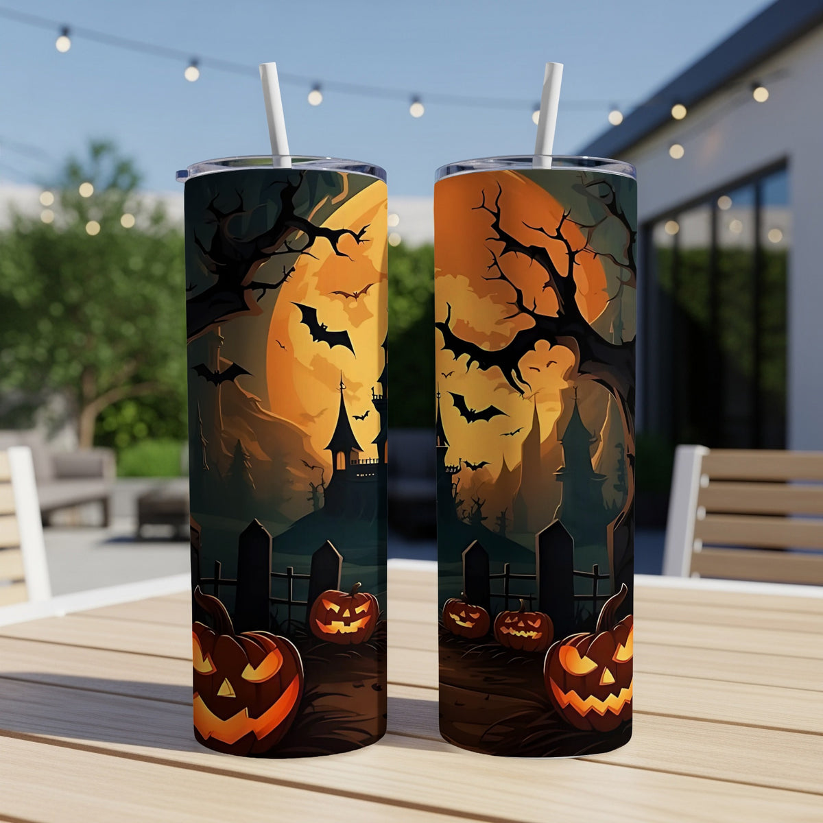 Two tumblers with a spooky Halloween scene featuring a large moon, bats, and jack-o'-lanterns.