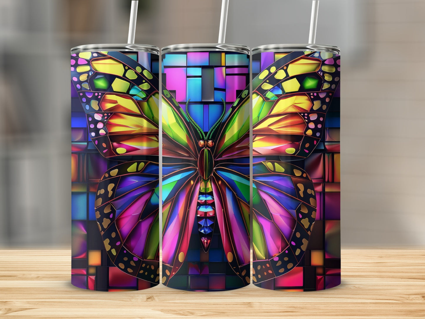 Three stained-glass effect butterfly tumblers with colorful mosaic backgrounds.