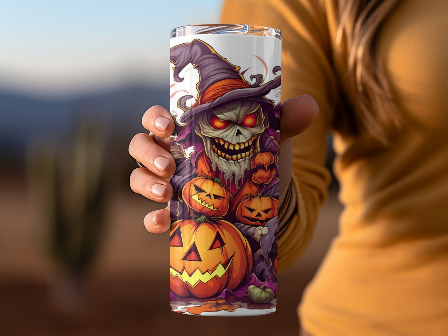 Spooky Halloween Skeleton Witch Tumbler Cup Design
