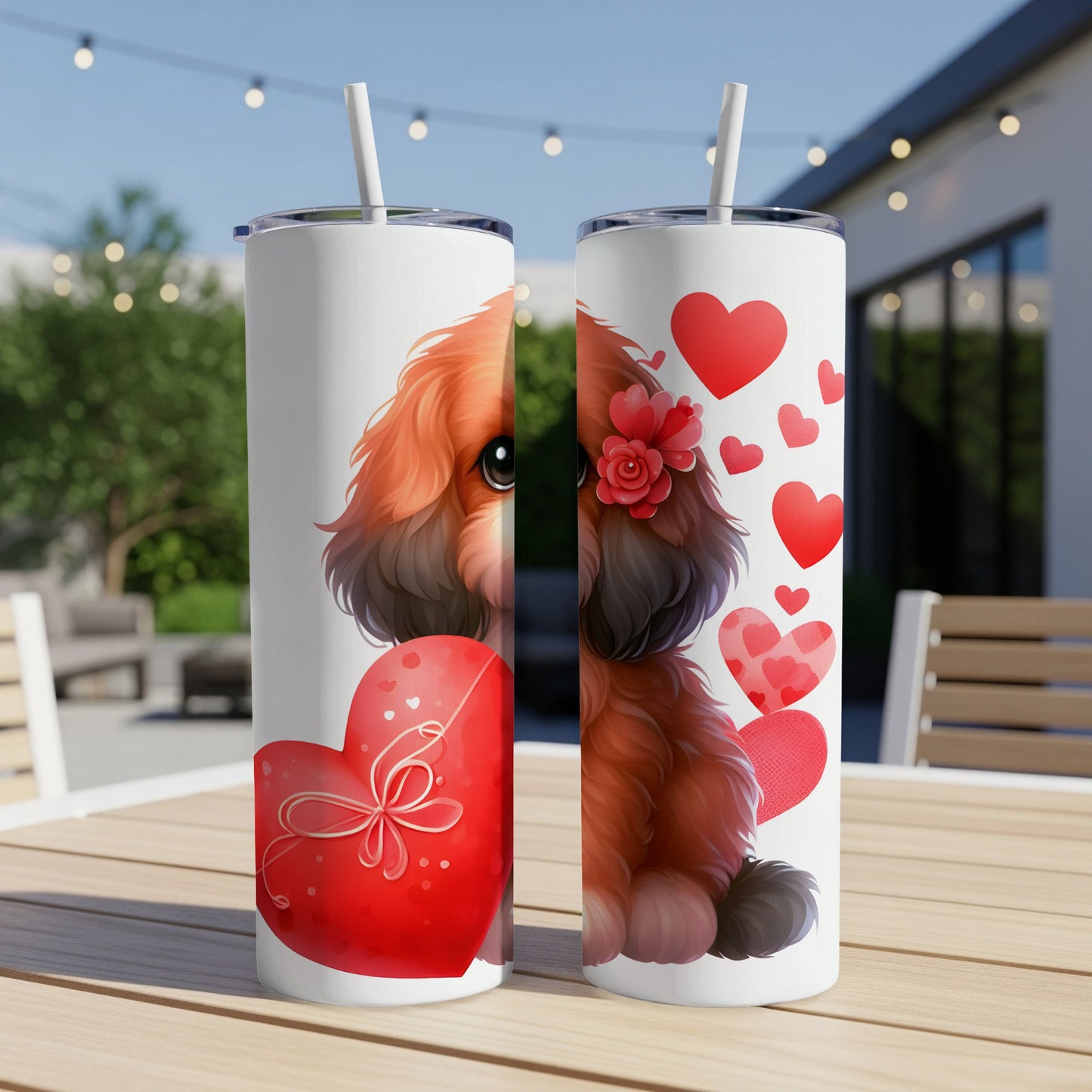 Two tumblers with a dog and heart designs, on a table outdoors.
