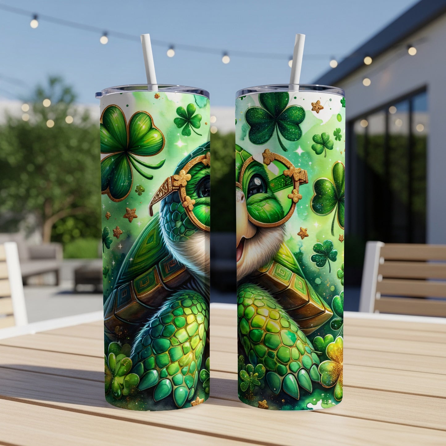St. Patrick's Day turtle tumbler with shamrocks and gold stars.