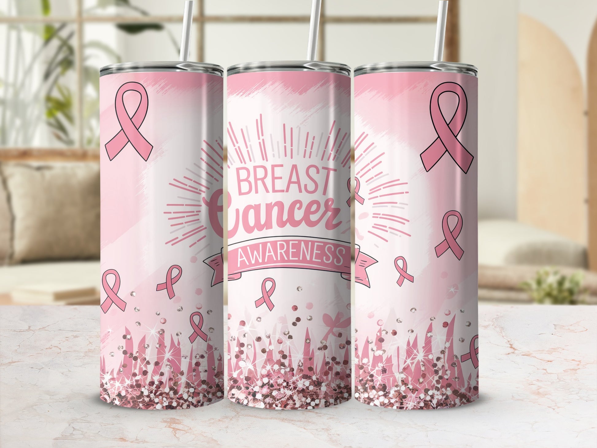 Pink breast cancer awareness ribbon tumbler with glitter and sparkles.
