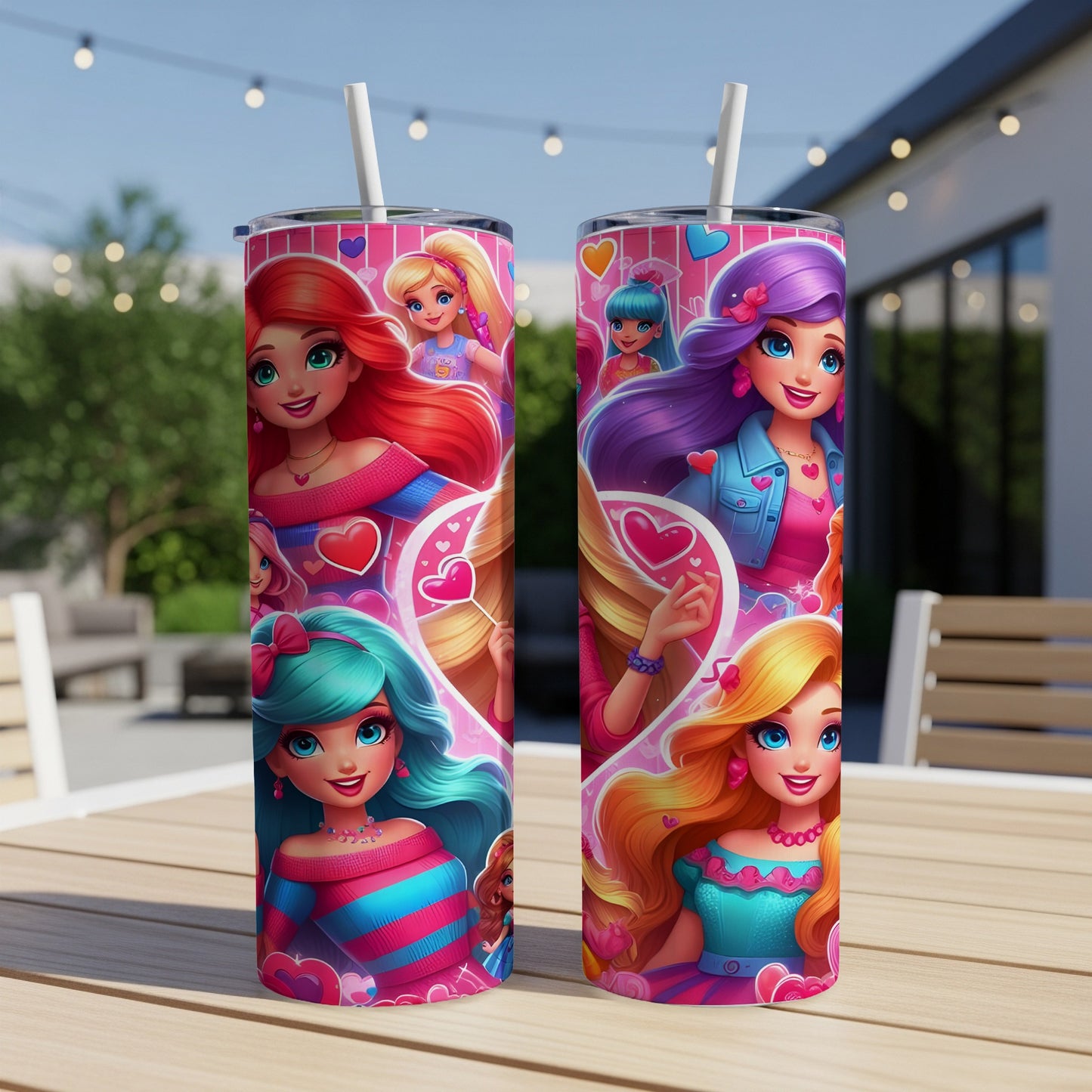Two tumblers with colorful cartoon girls and pink heart designs.