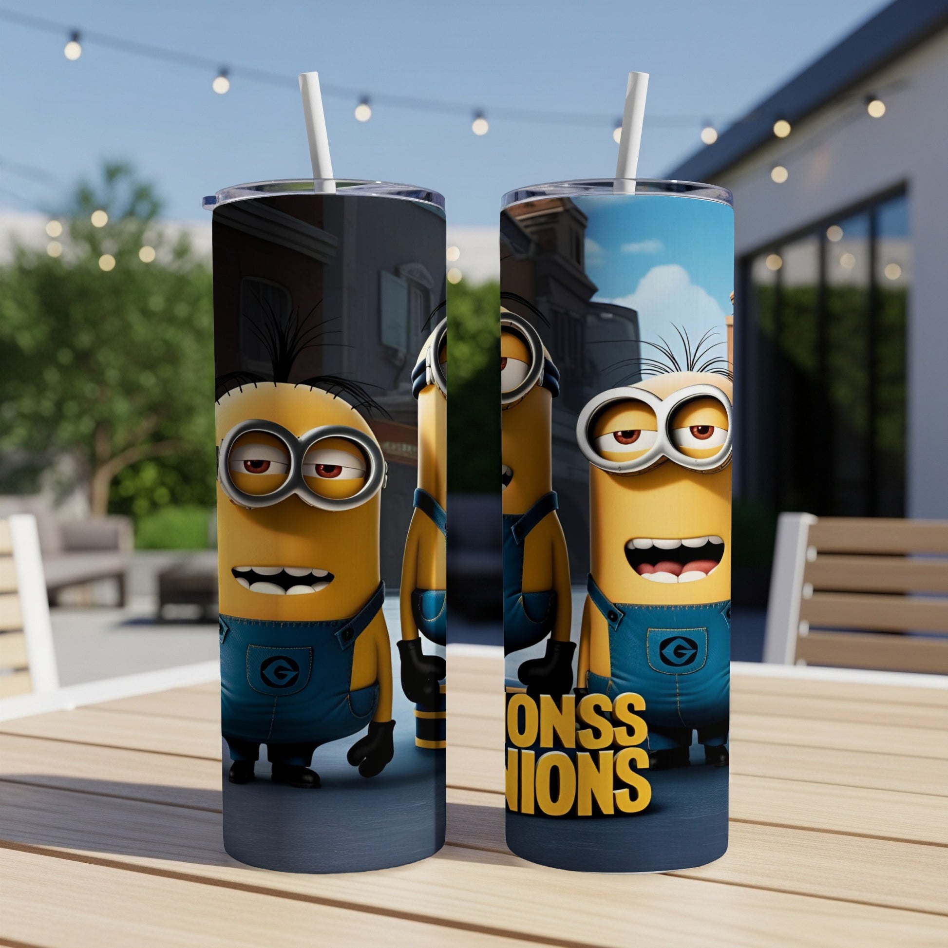Two Minions from Despicable Me 3 stand on a table.