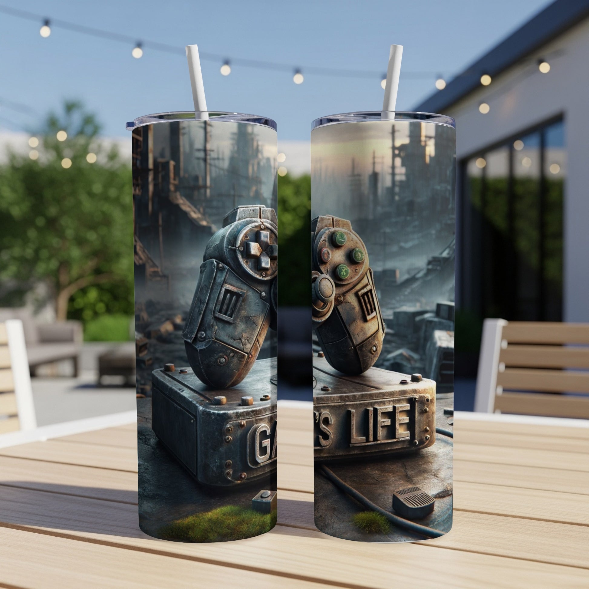 Two tumblers with a distressed "GAME'S LIFE" logo and a gaming controller on a table.