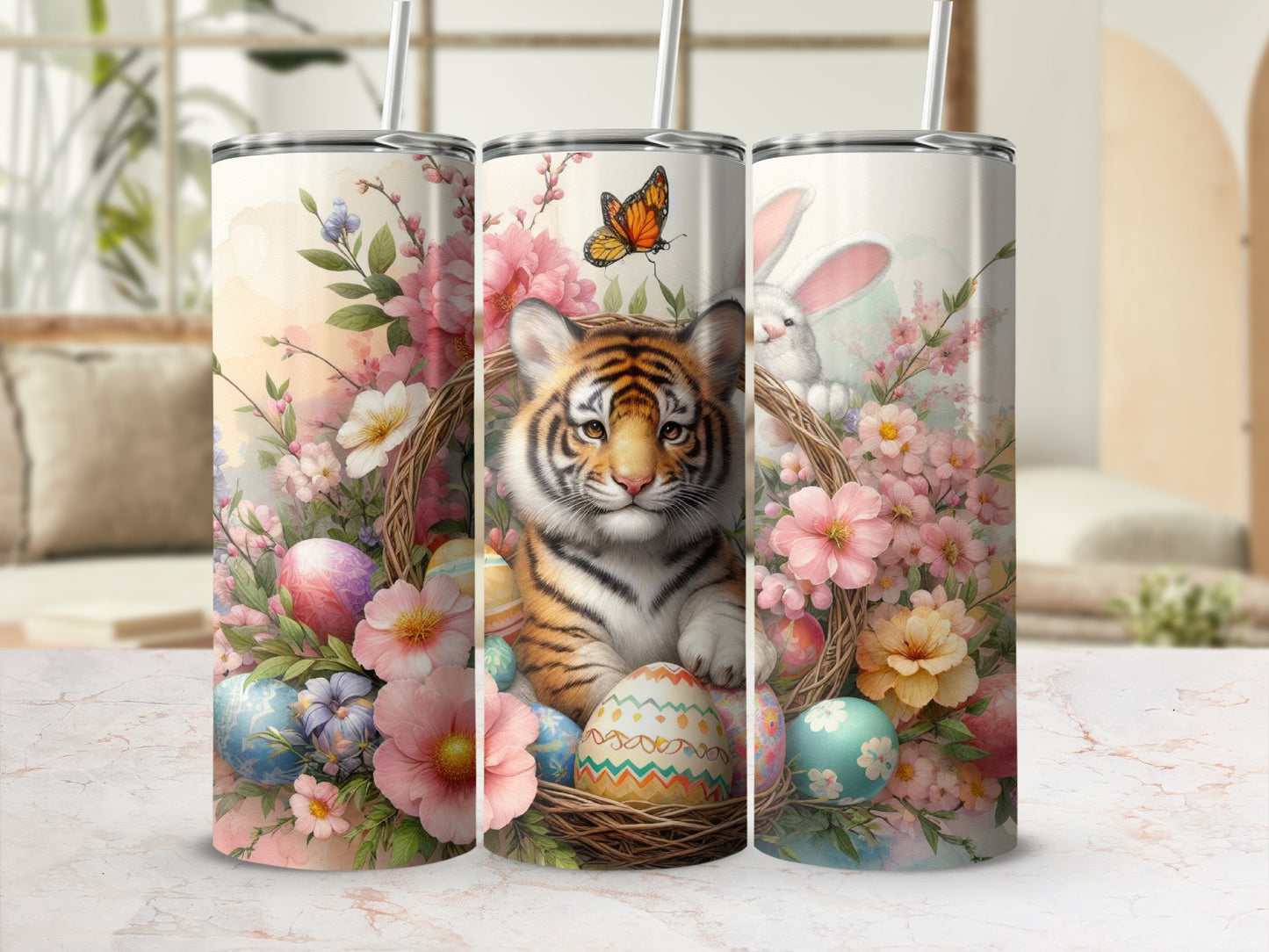 Easter tumbler with tiger, bunny, and decorated eggs, surrounded by flowers.