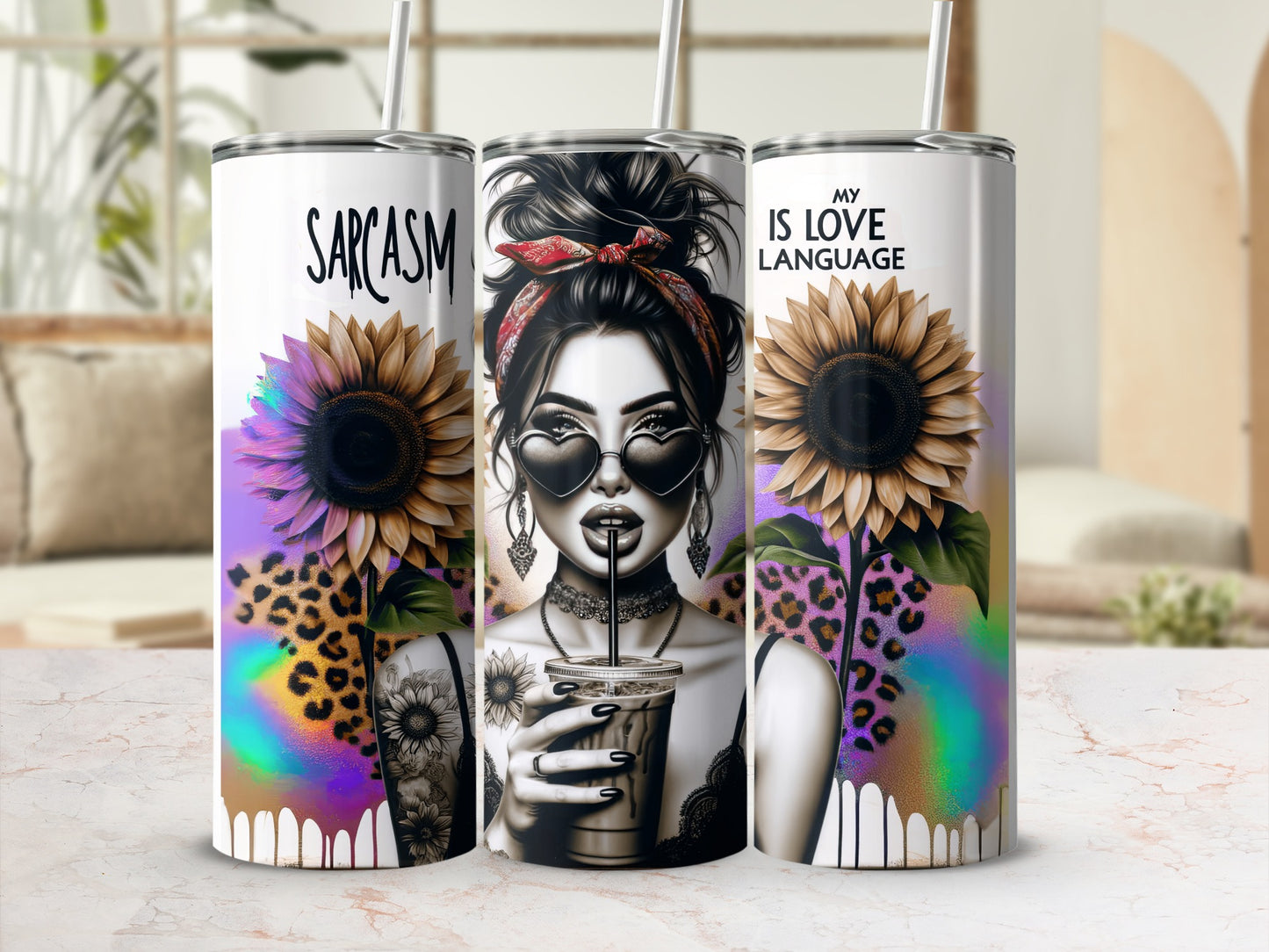Tumbler with woman and sunflowers, reads "Sarcasm my love language".