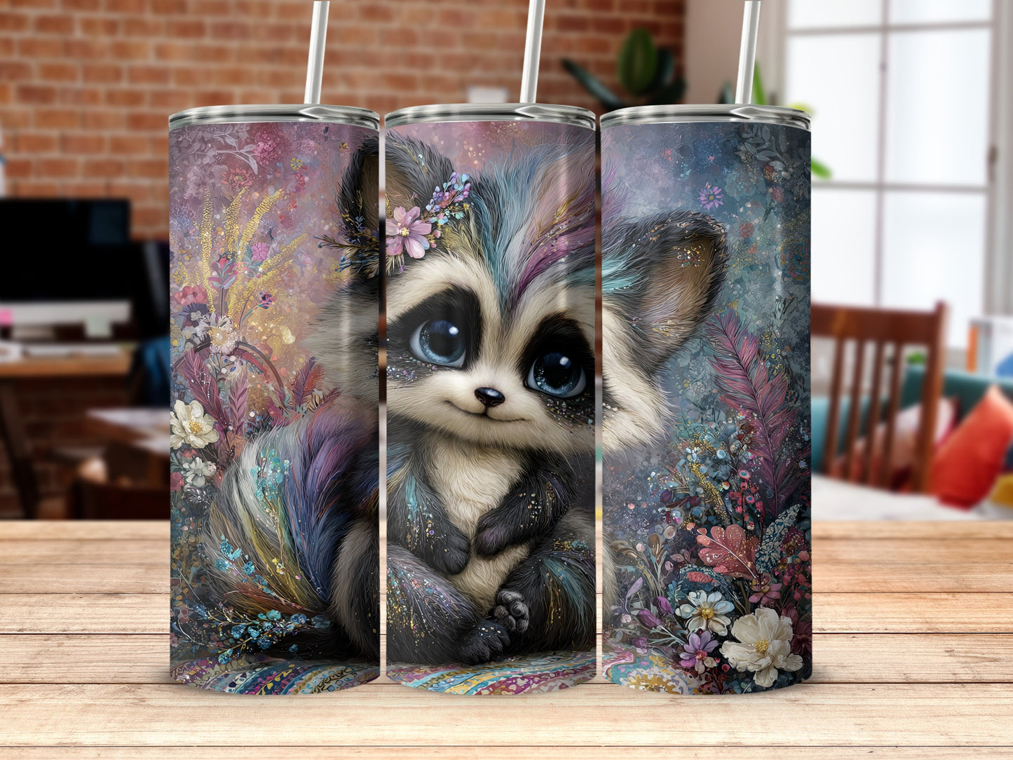 Cute Floral Fantasy Raccoon Tumbler for Beverage