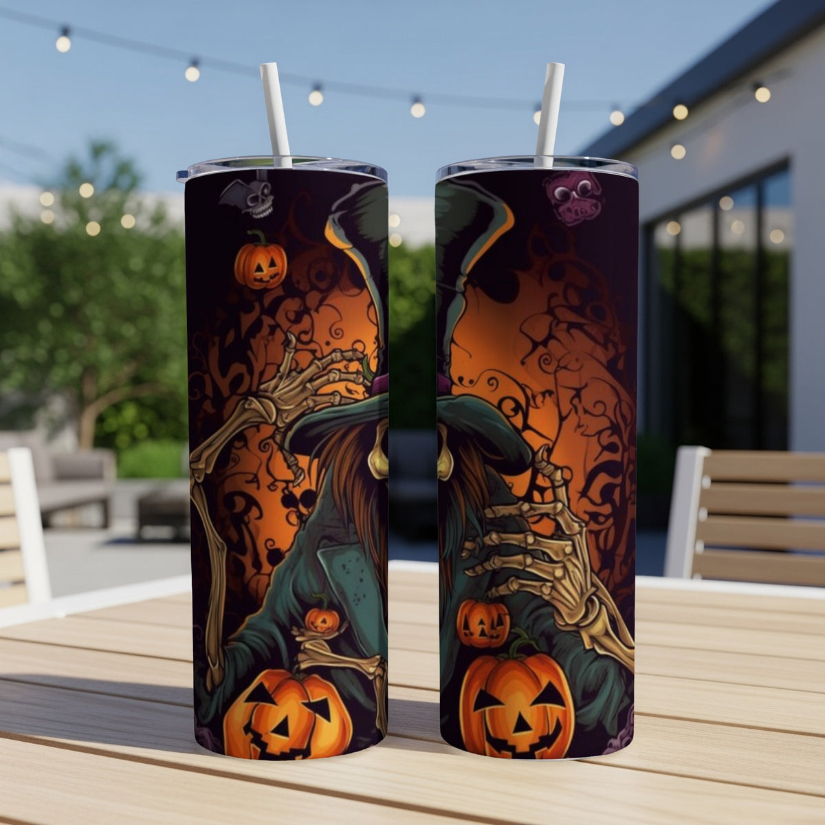 Two tumblers featuring a witch and pumpkins with Halloween theme art.