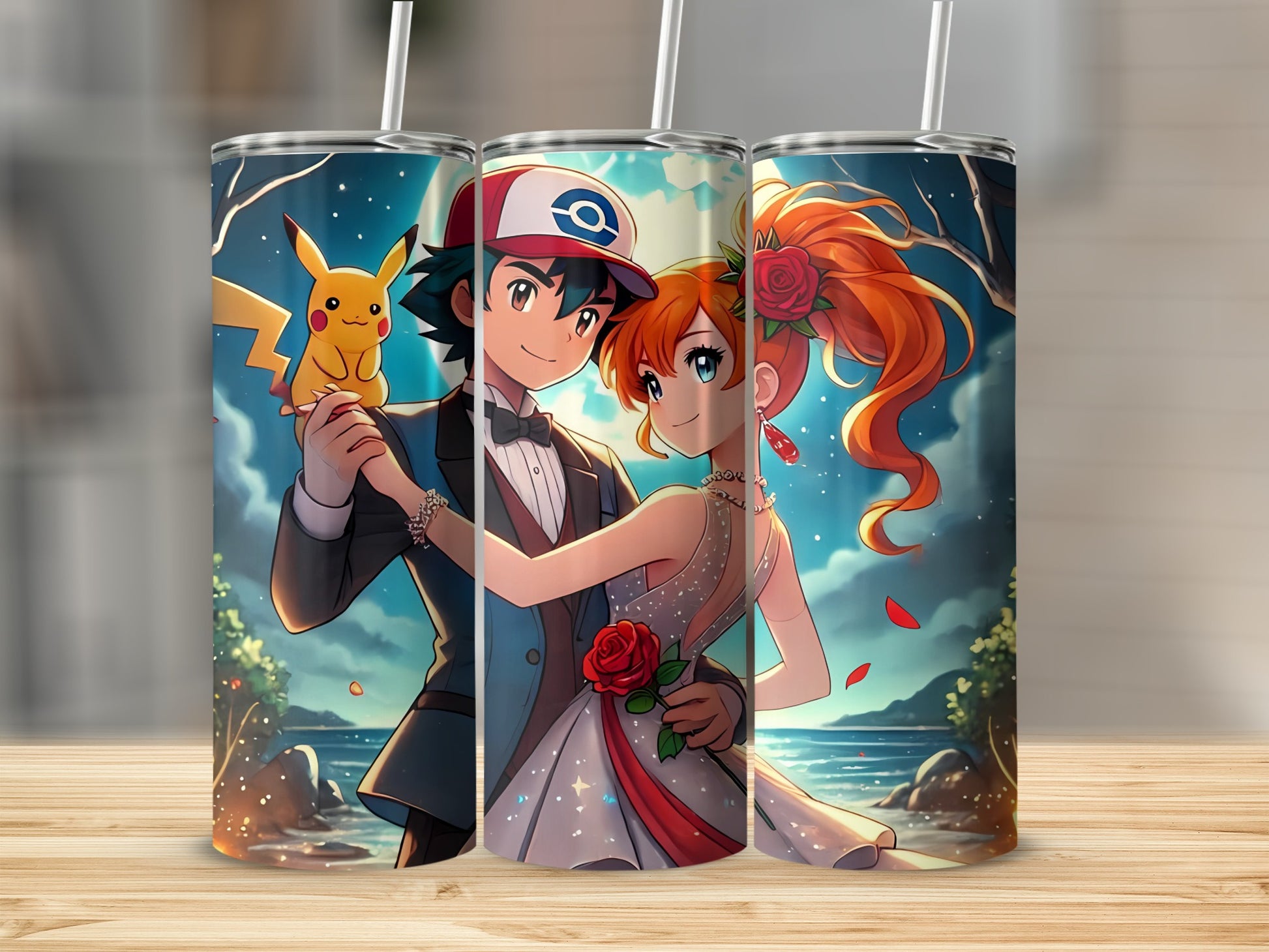 Anime Couple with Pikachu on Stainless Steel Tumbler